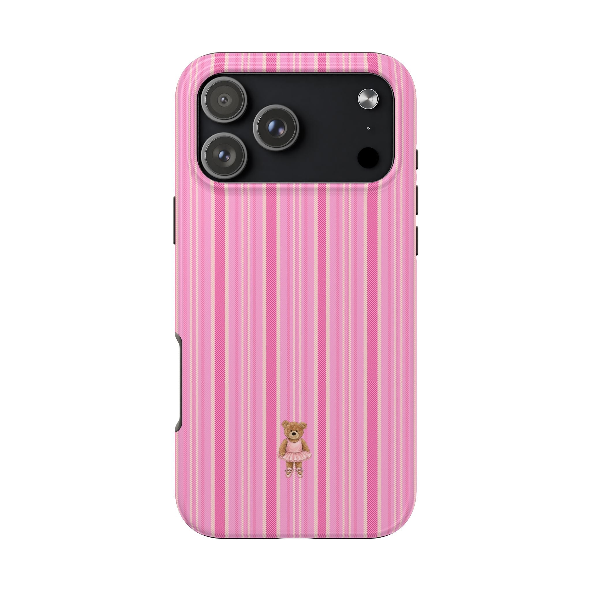 Pink striped mini teddy bear phone case with small ballerina bear charm