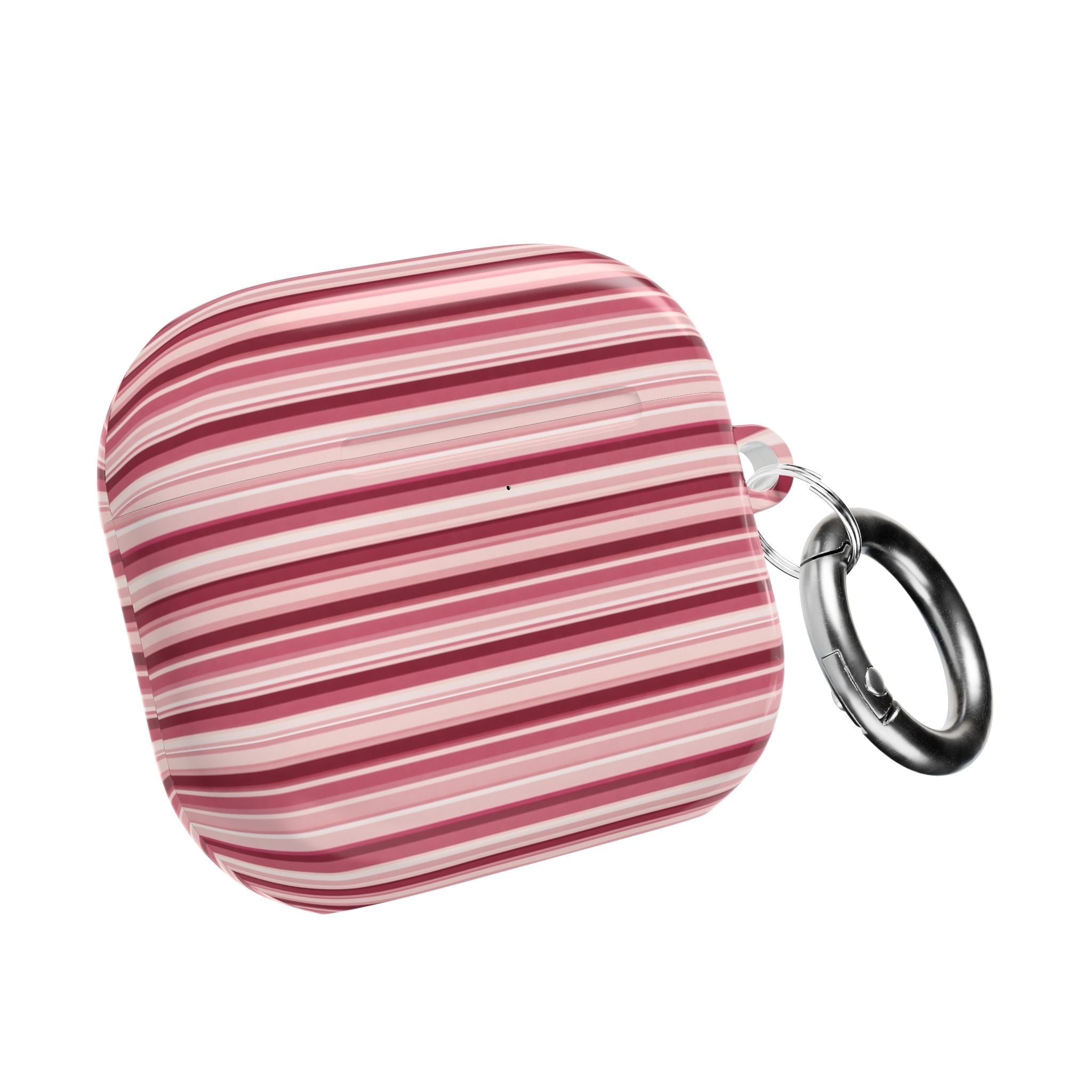 AirPods case shell in pink and white stripes with metal keyring on side