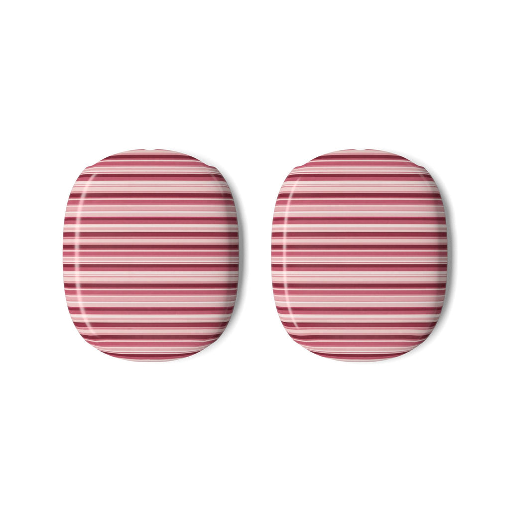 Pair of ear cup covers with pink and white horizontal stripes