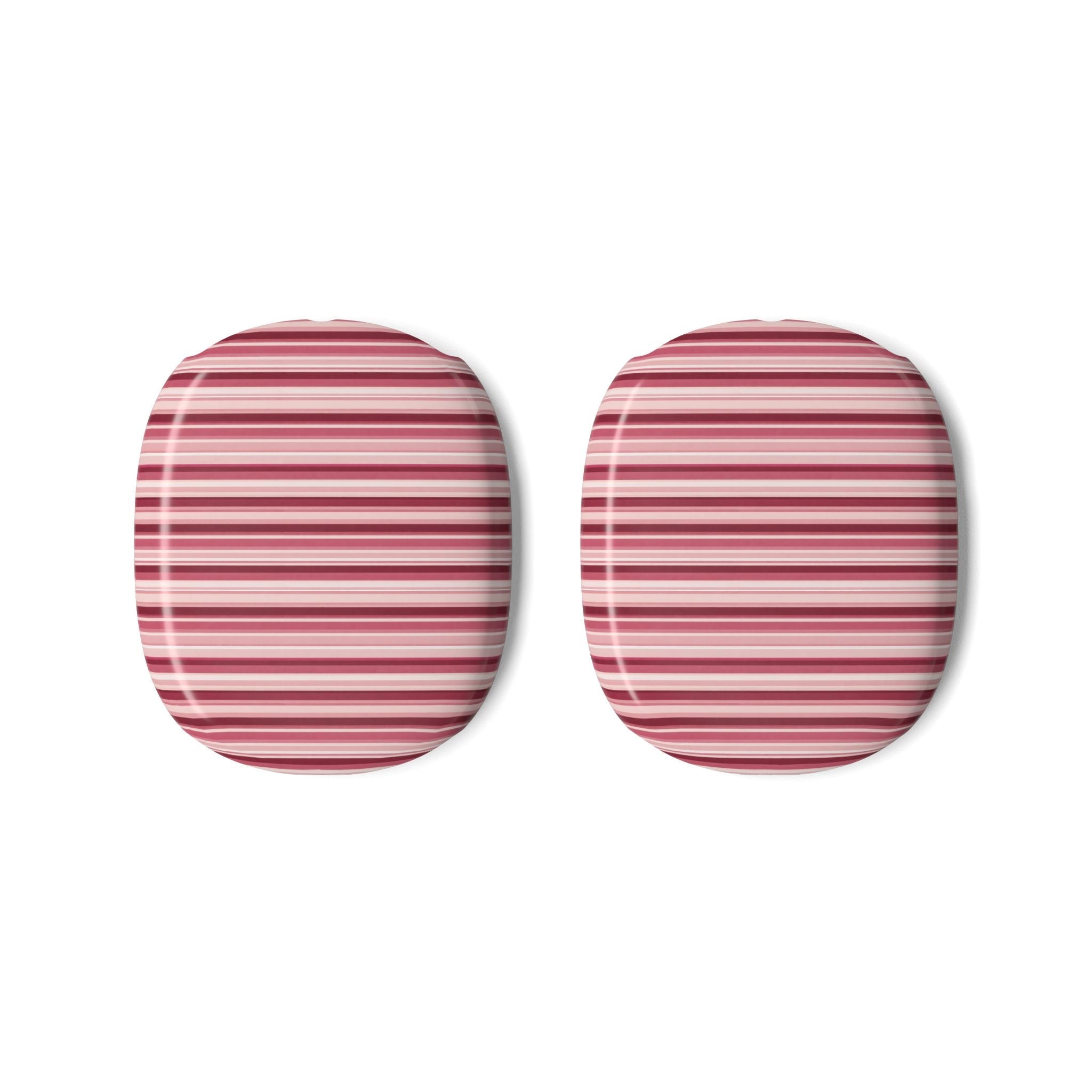 Pair of ear cup covers with pink and white horizontal stripes