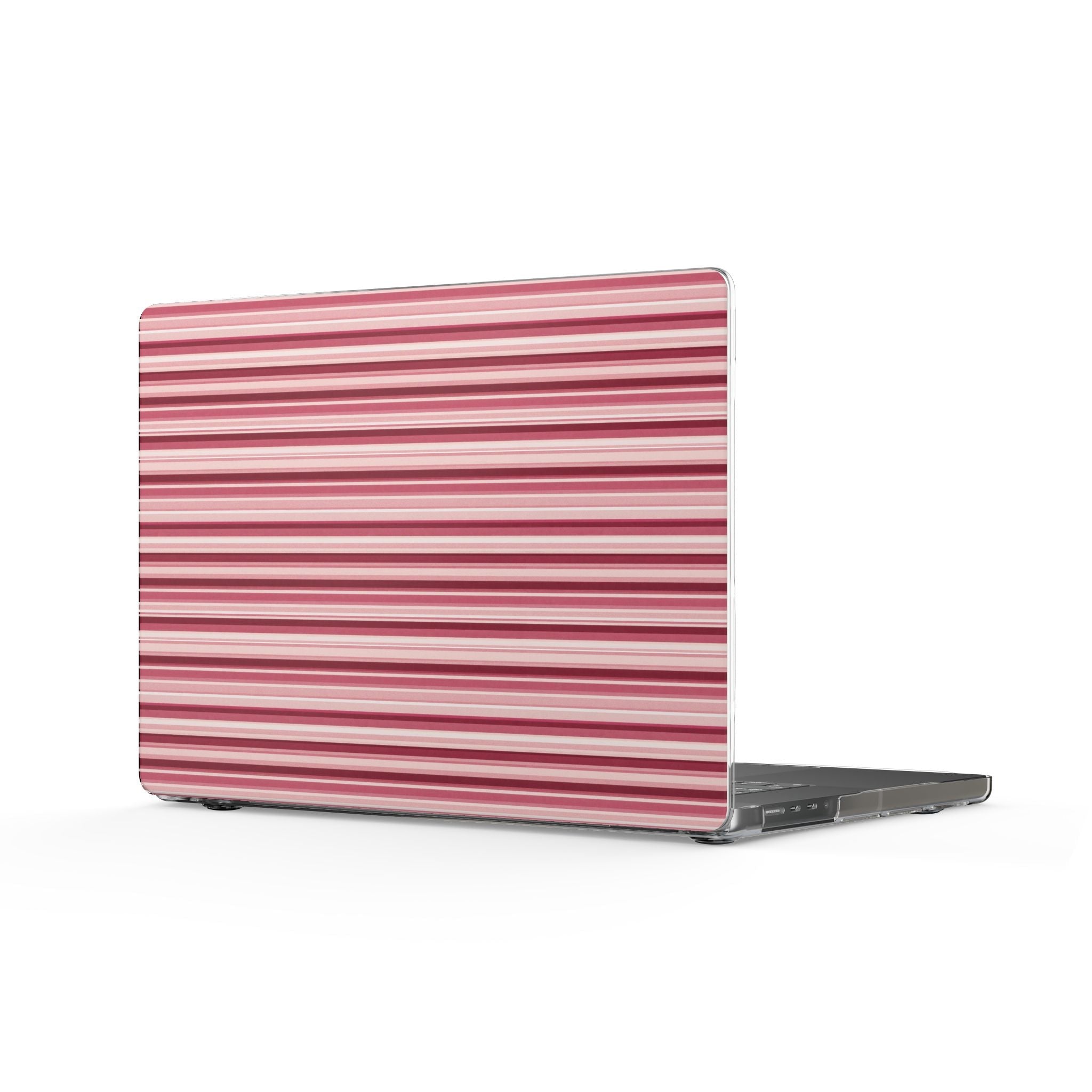 Blush pink horizontal striped hard-shell MacBook cover with cutout for ports