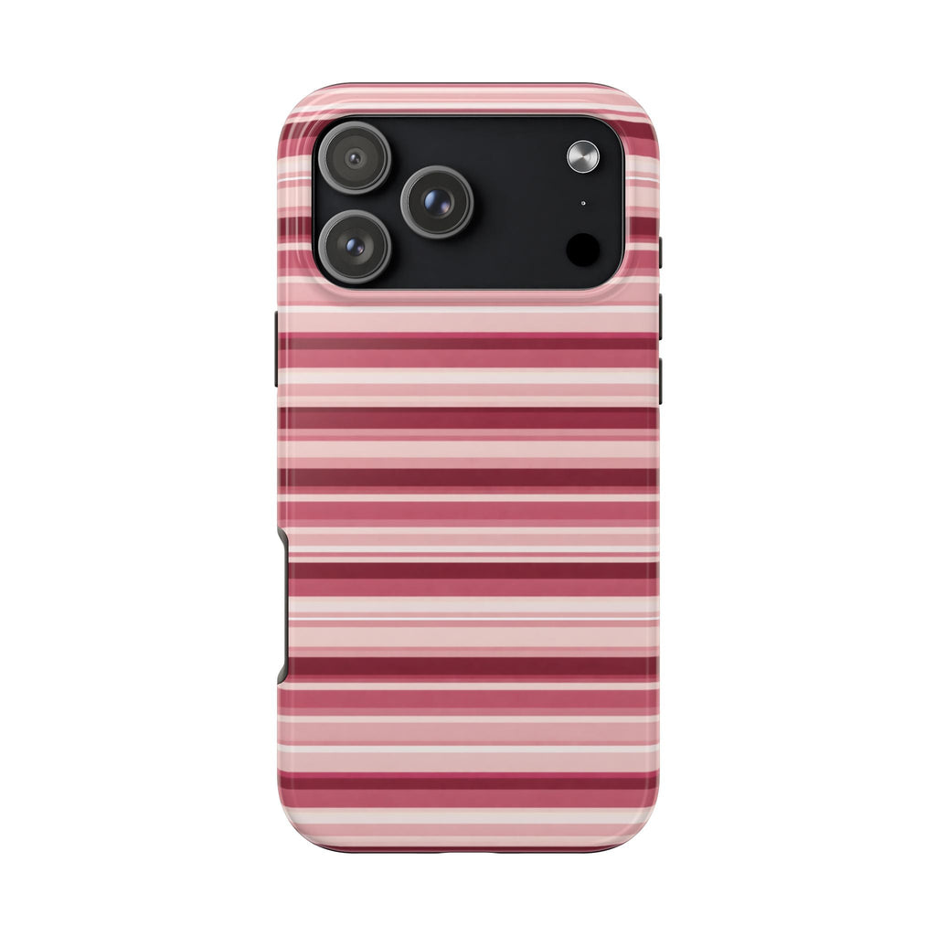 Phone case with pink and blush striped design, smooth back, camera cutouts