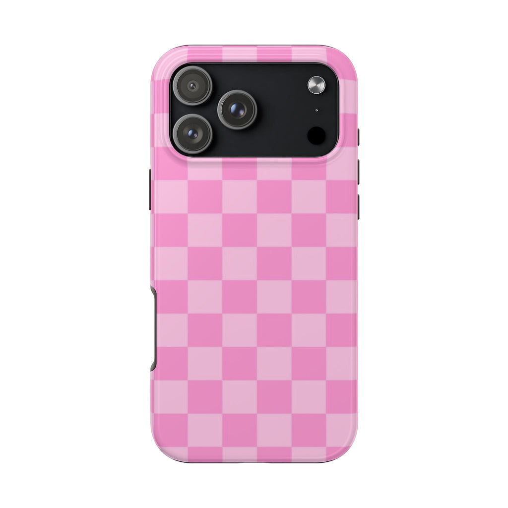 Pink gingham checker phone case with camera cutouts and side buttons