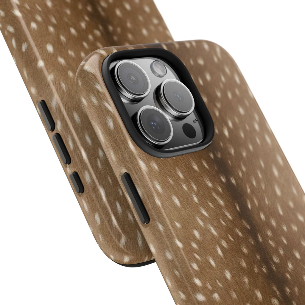 Deer fawn fur phone case side view with raised camera protection and cutouts