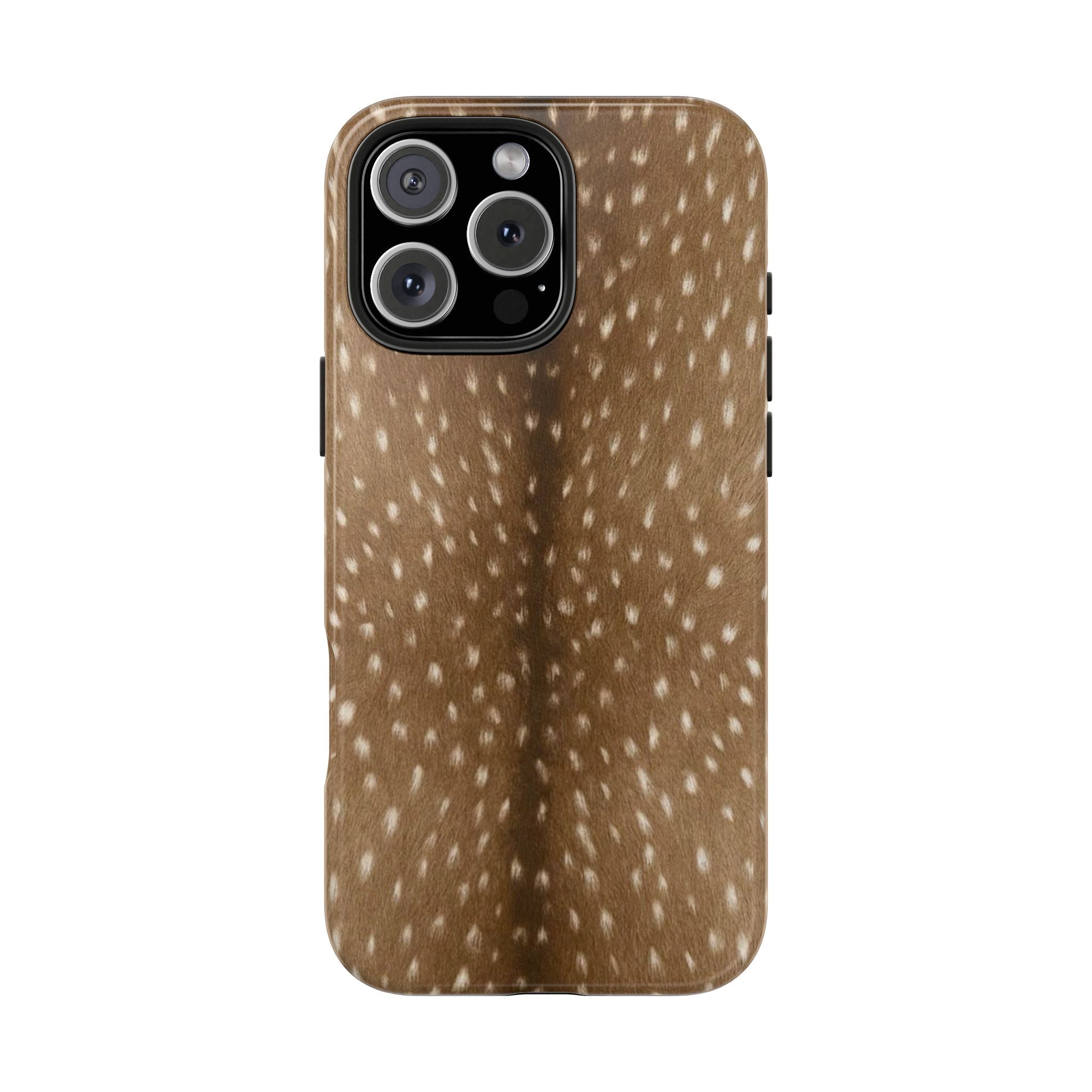 Brown deer fawn fur phone case with scattered white spots and camera lens openings
