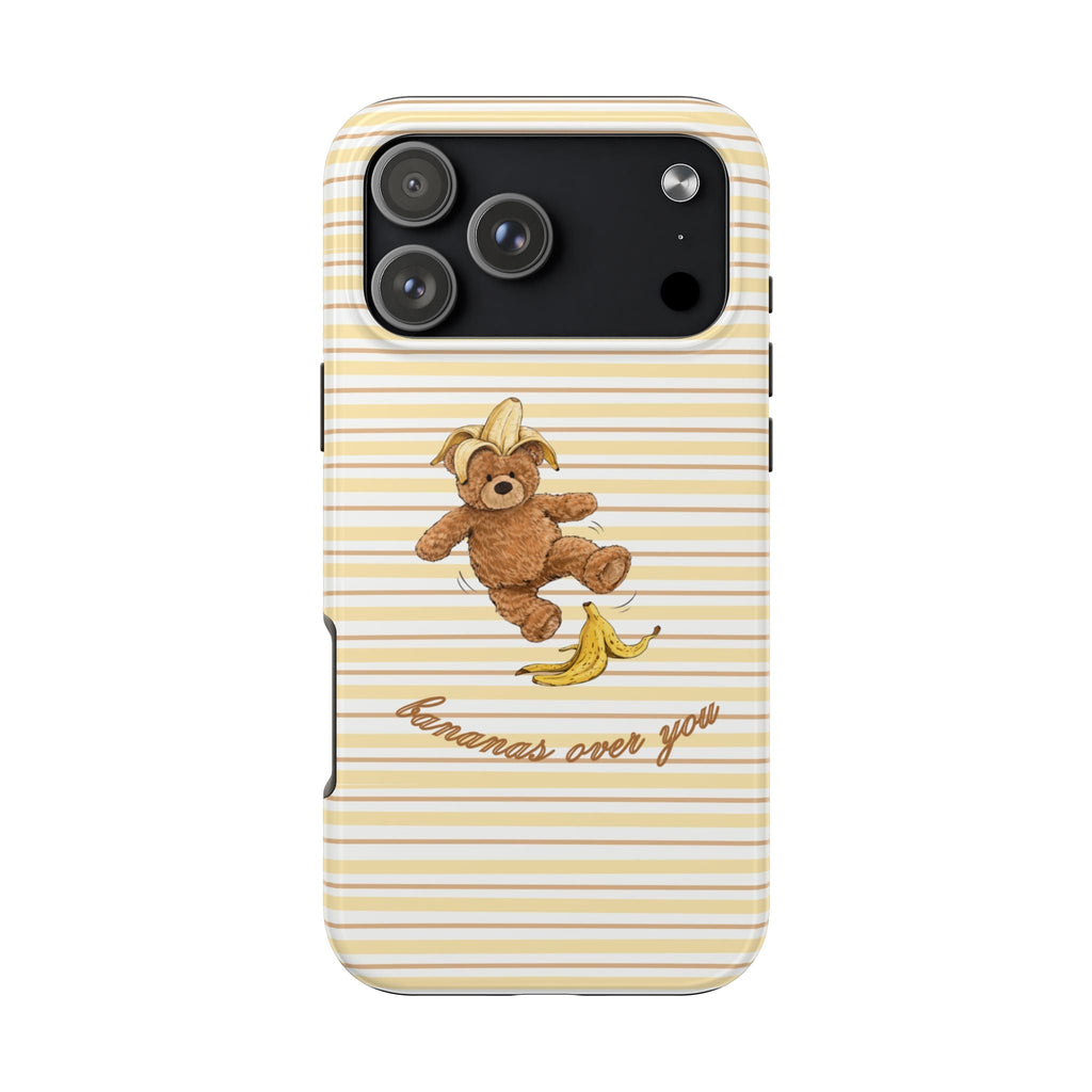 Striped phone case featuring teddy bear with banana, “Bananas over you” text