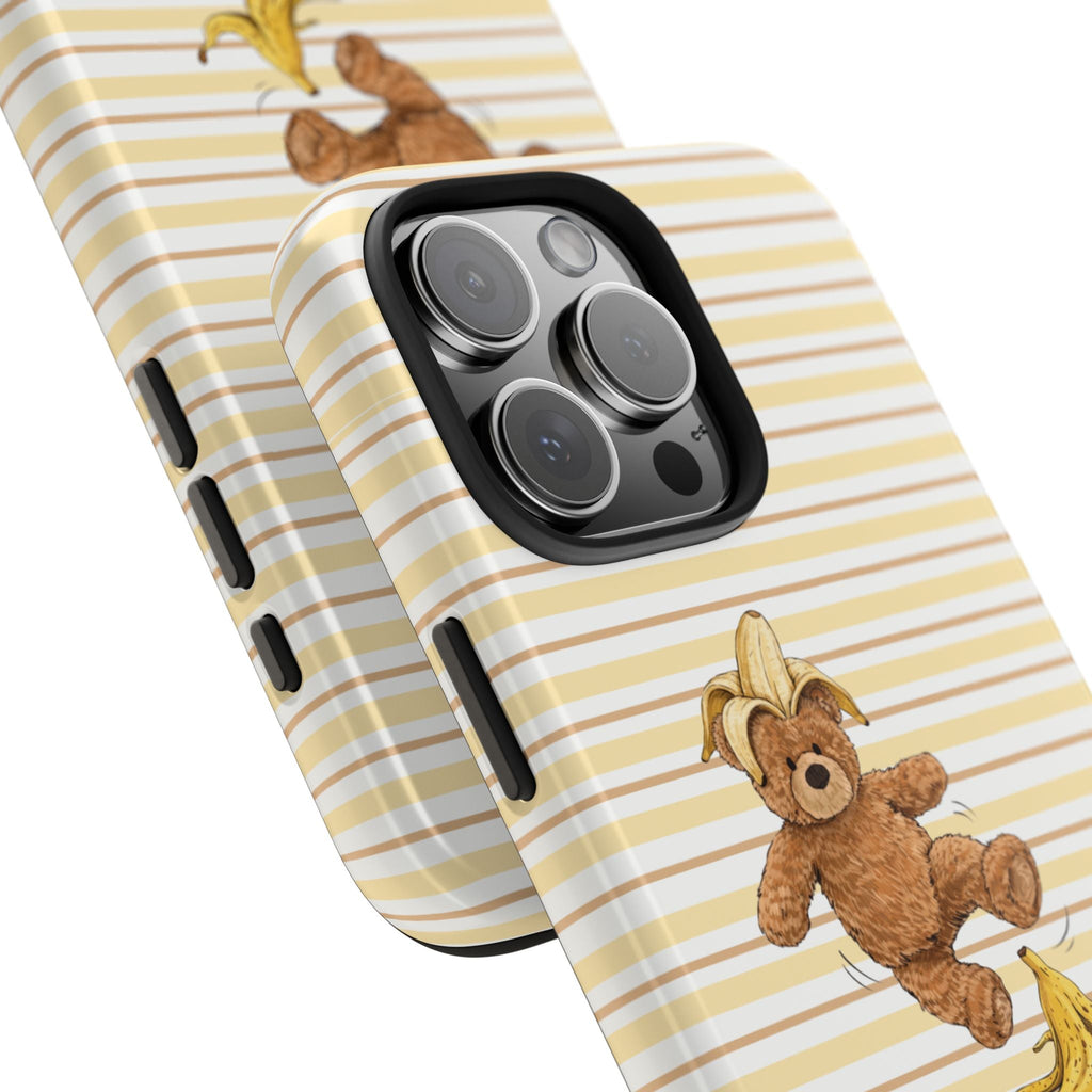 Striped phone case with teddy bear and banana print near camera cutout and side buttons