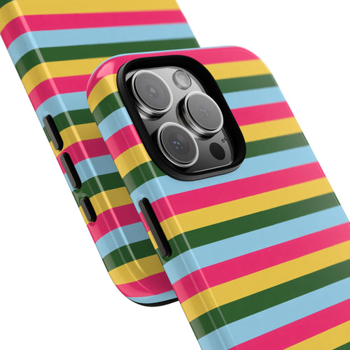 Angled view of multicolor horizontal stripe phone case with raised camera cover