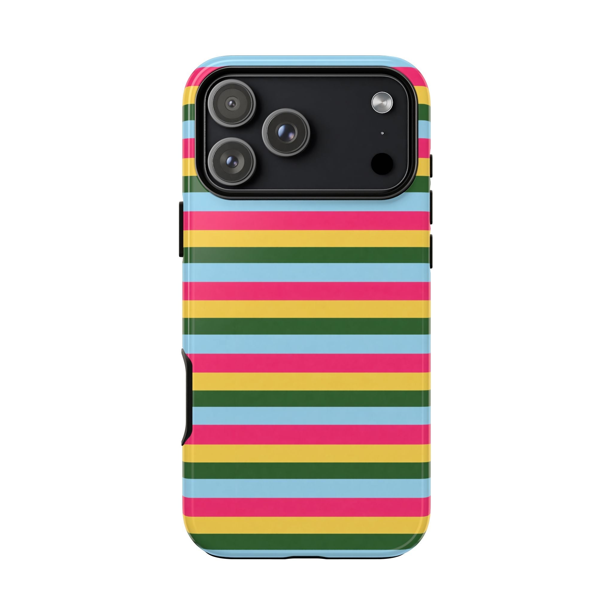 Multicolor striped phone case with camera openings and side cutout