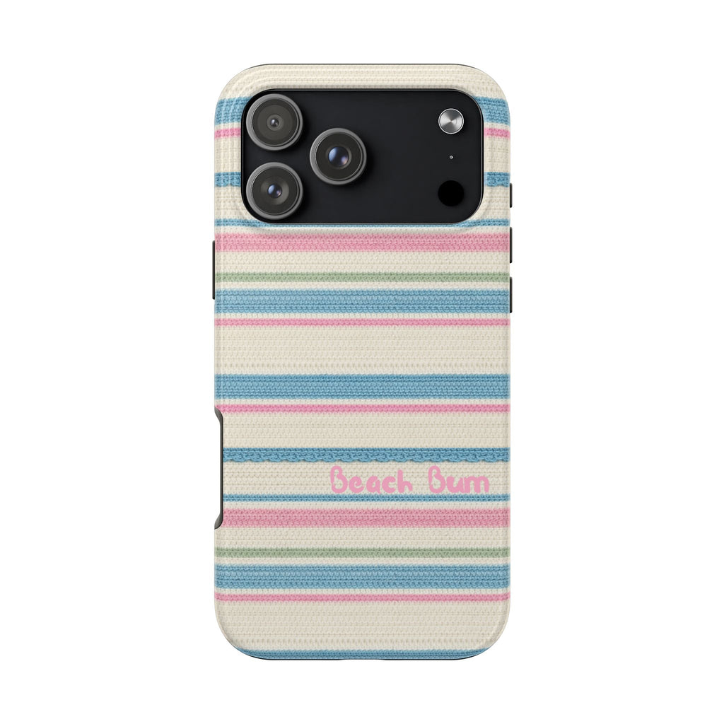 Beach Bum stripes phone case with camera cutout on blue and pink horizontal design