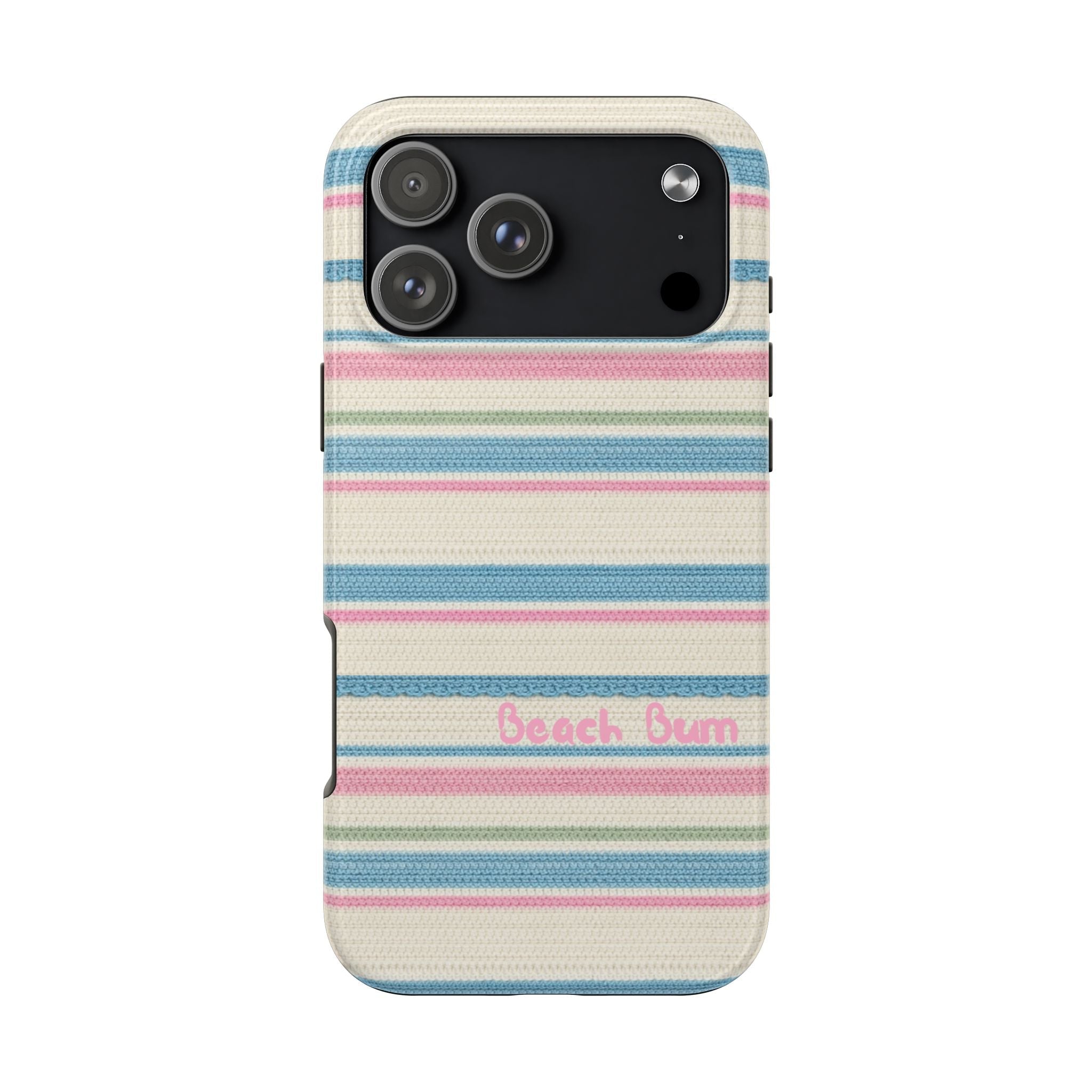 Beach Bum stripes phone case with camera cutout on blue and pink horizontal design
