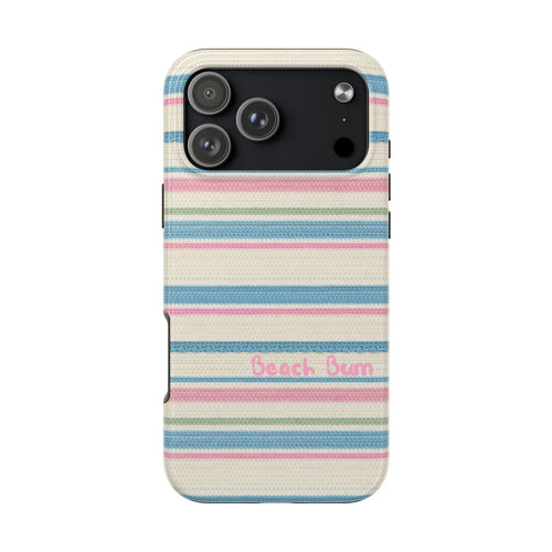 Beach Bum stripes phone case with camera cutout on blue and pink horizontal design