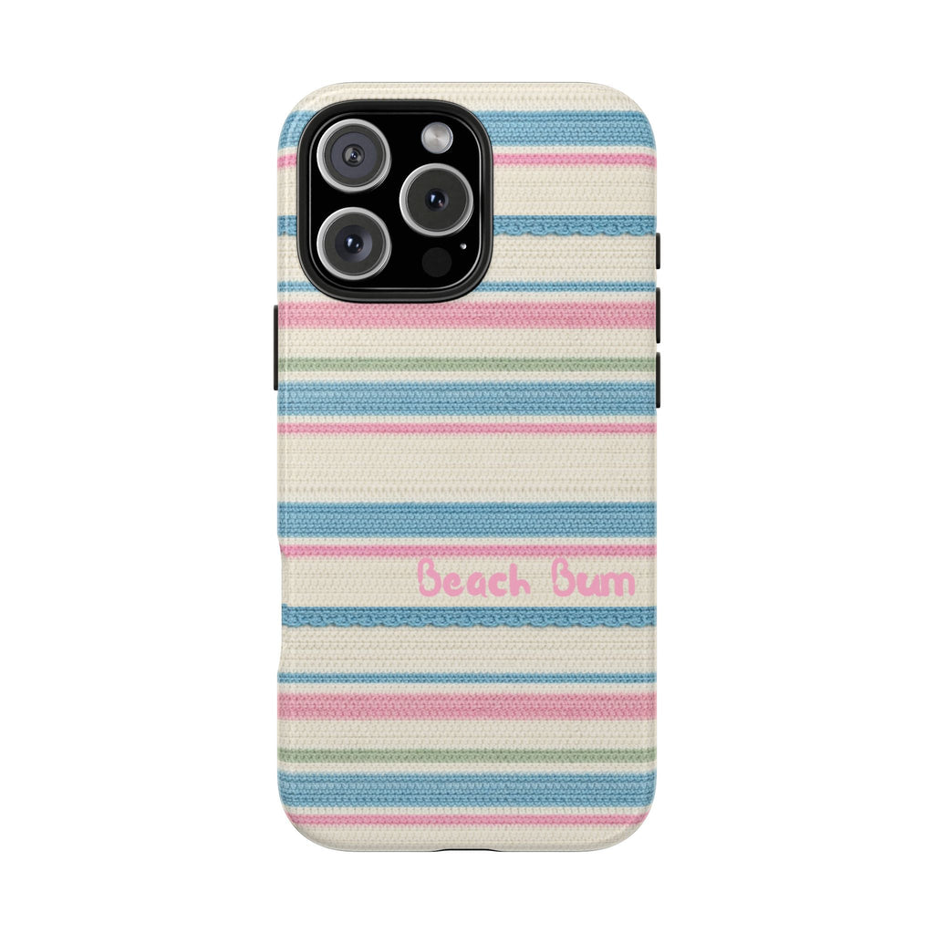 Beach Bum stripes phone case, blue pink cream horizontal knit fabric