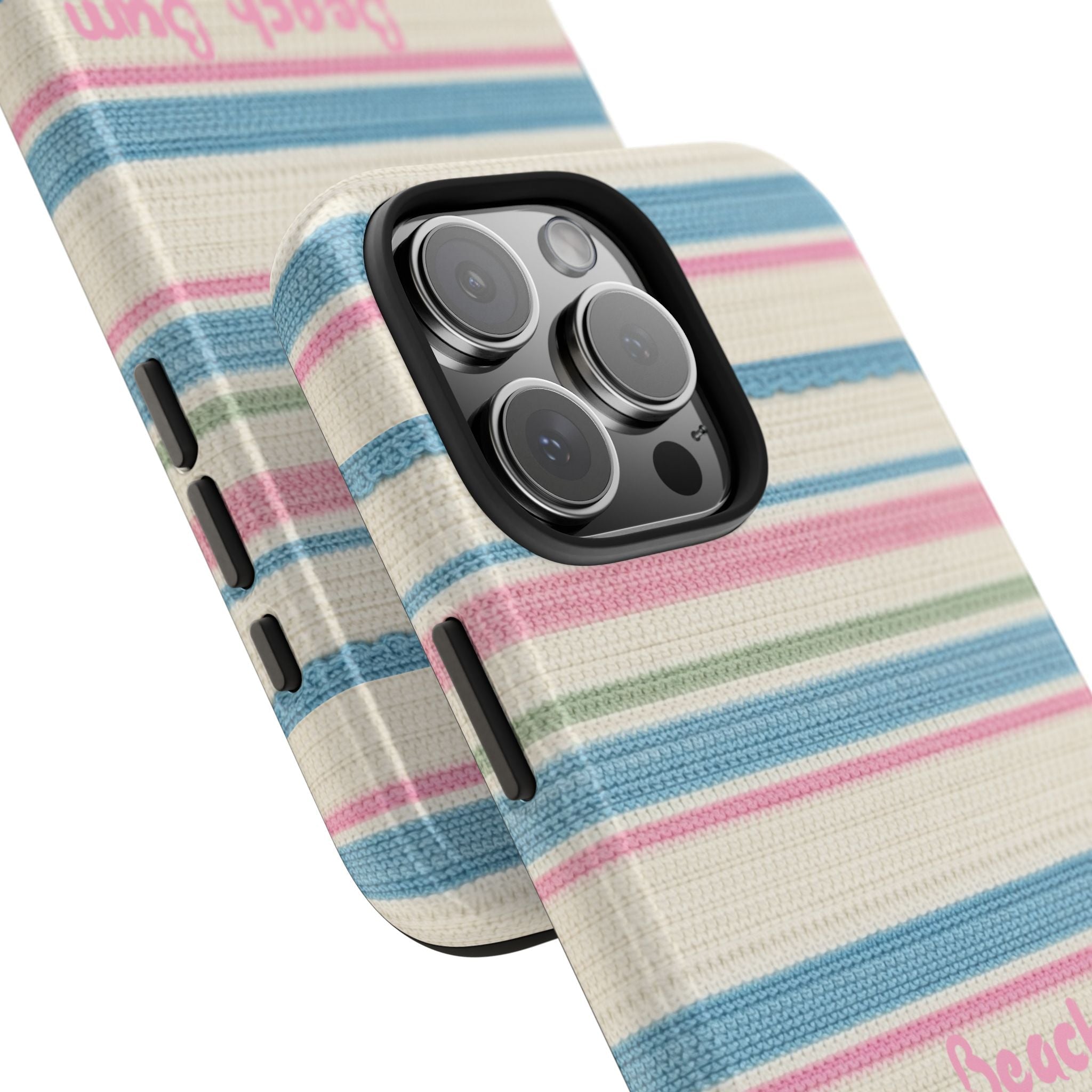 Beach Bum stripes phone case angled view, side button cutouts and camera lens openings