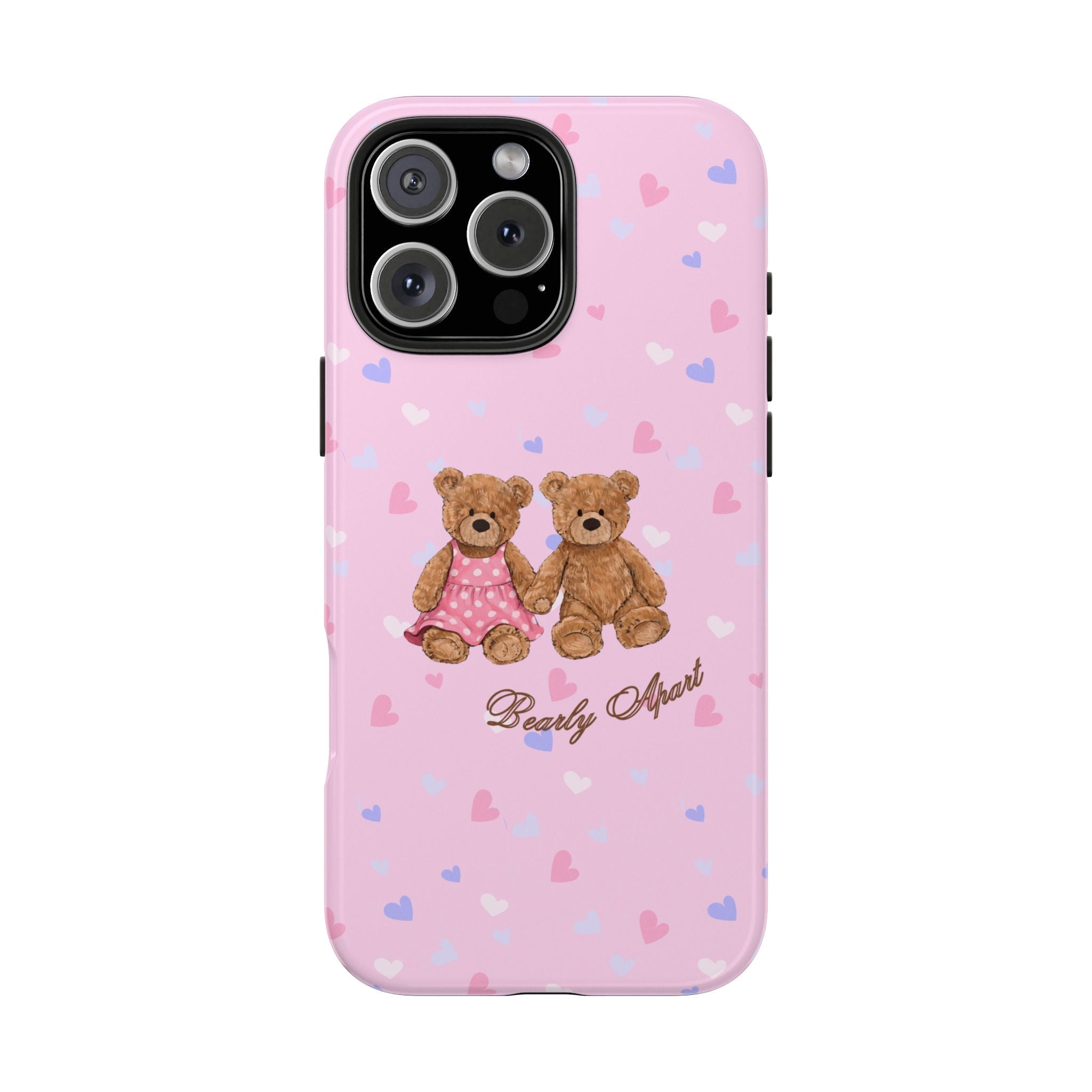 Pink phone case with two teddy bears, small hearts pattern, and script logo