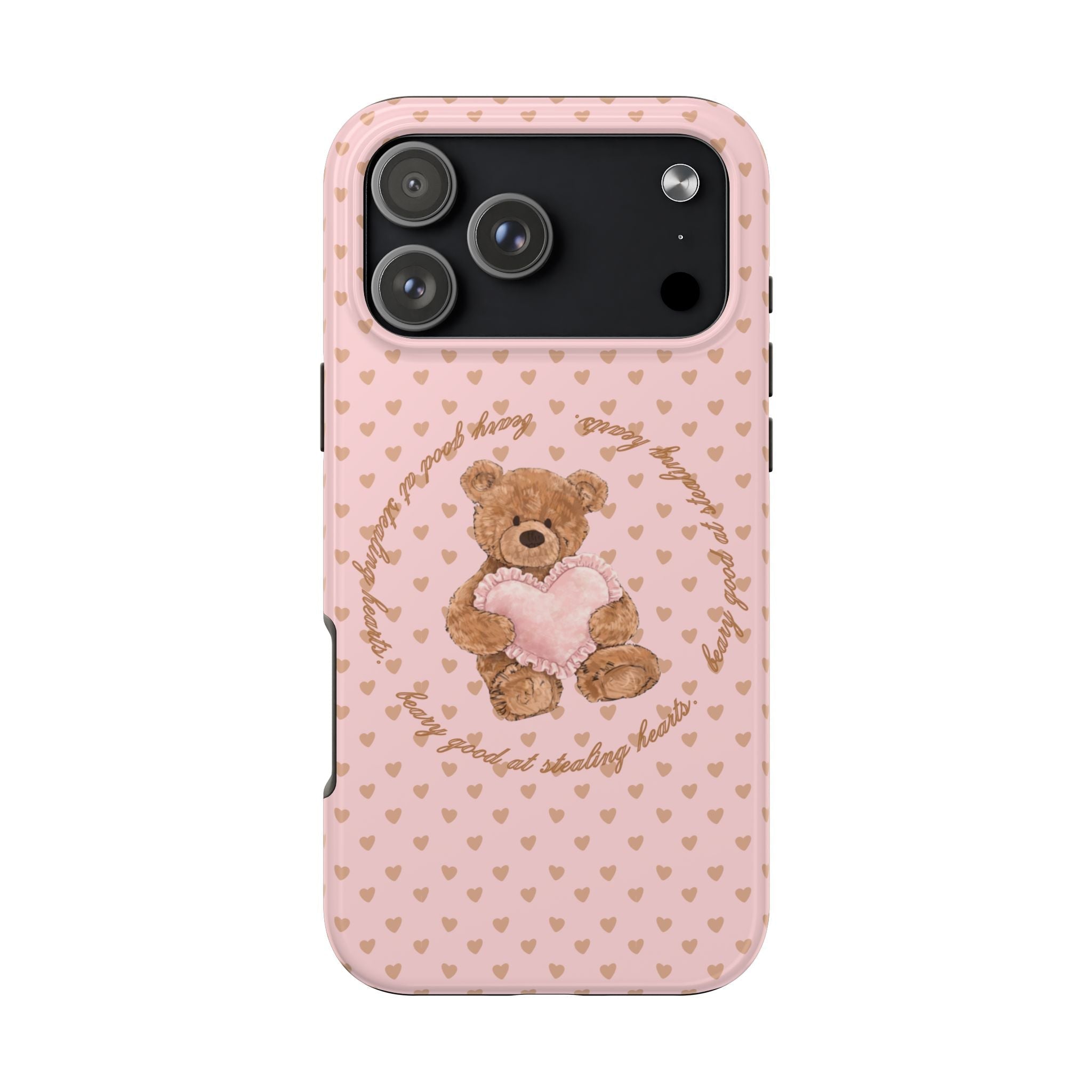 Phone case with pink hearts background and teddy bear graphic centered on the back
