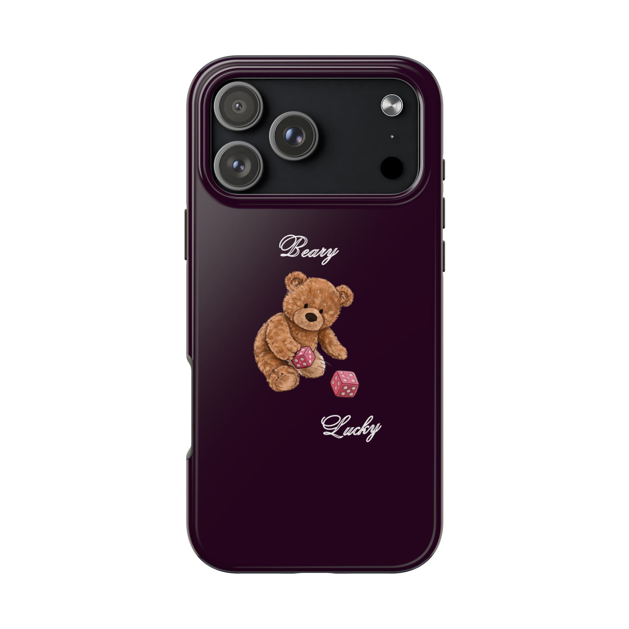 Dark plum phone case with teddy bear holding patterned dice, “Beary” and “Lucky”