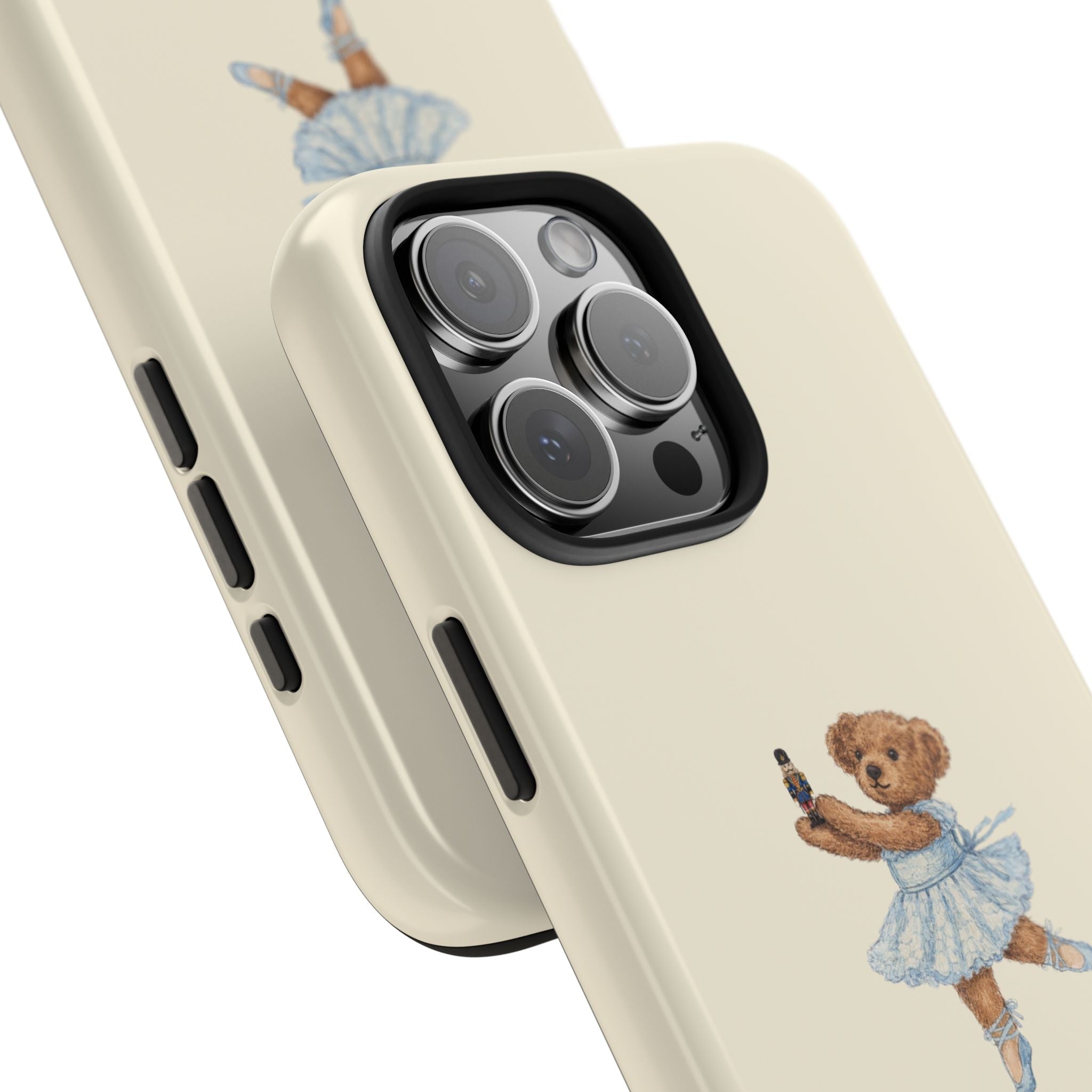 Beige phone case side view with teddy bear ballerina graphic near the camera cutout