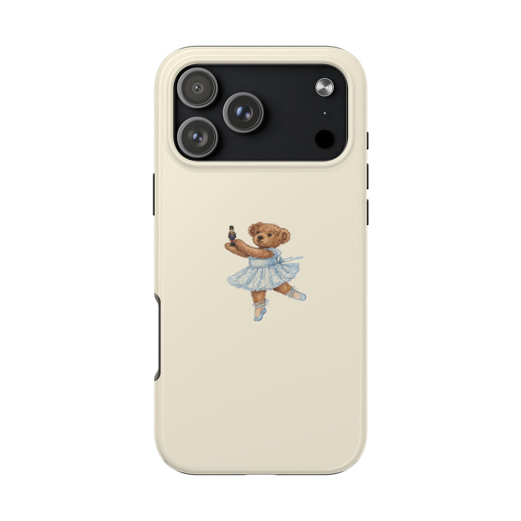 Beige phone case with teddy bear ballerina graphic and blue tutu on the back