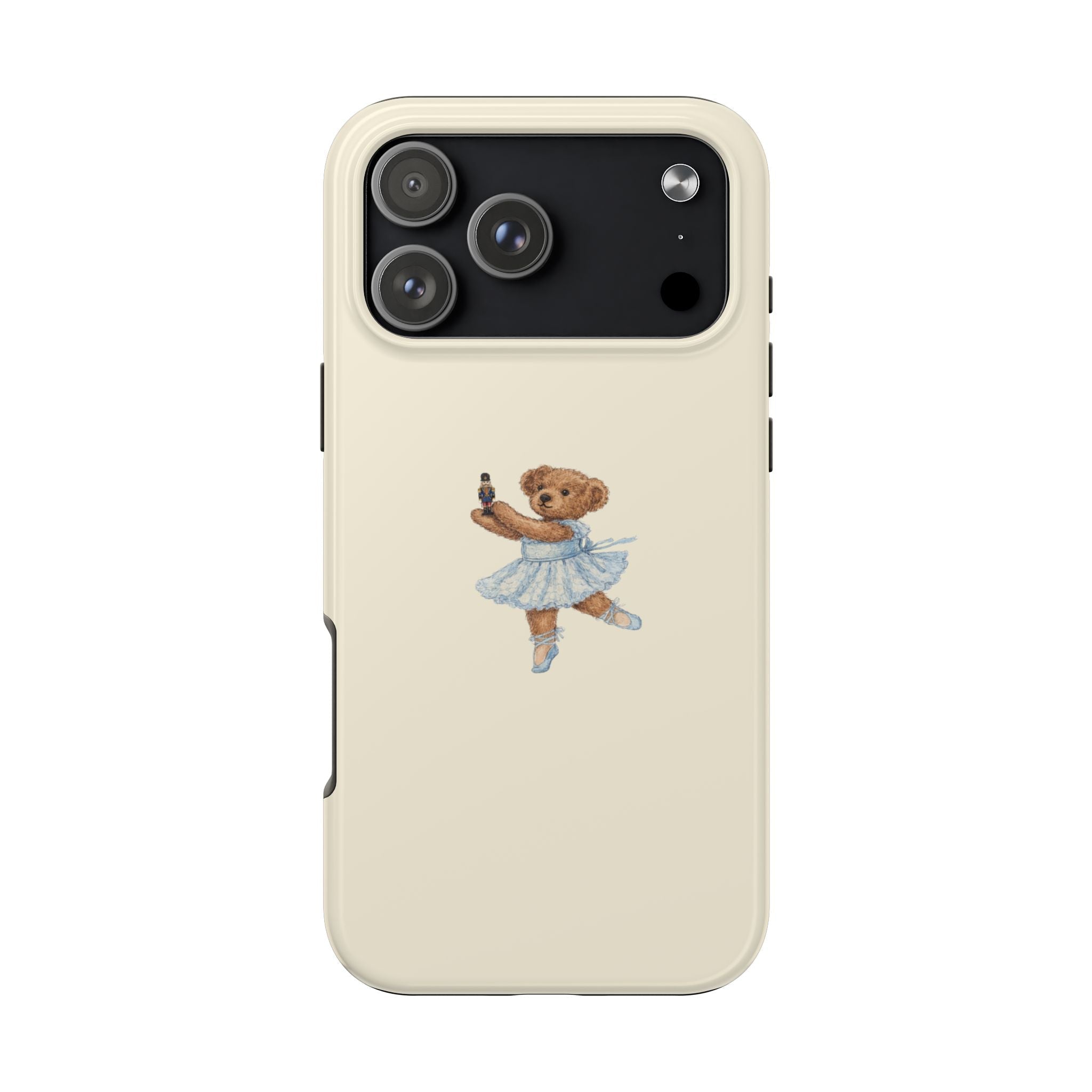 Beige phone case with teddy bear ballerina graphic and blue tutu on the back