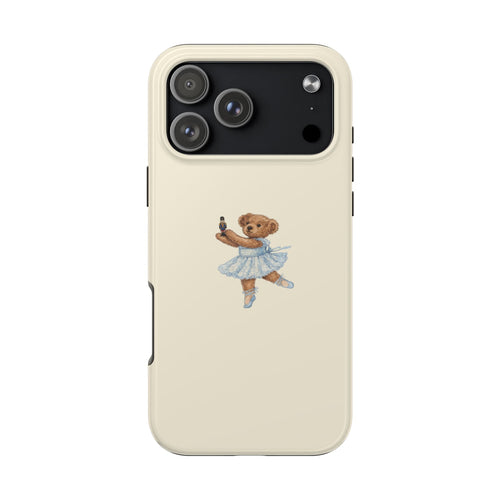 Beige phone case with teddy bear ballerina graphic and blue tutu on the back