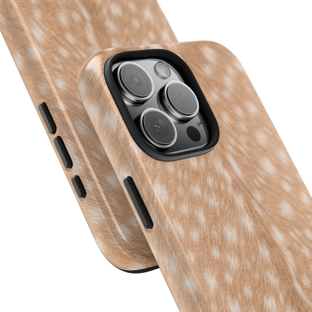 Beige deer fawn fur phone case with side button cutouts and black camera bezel