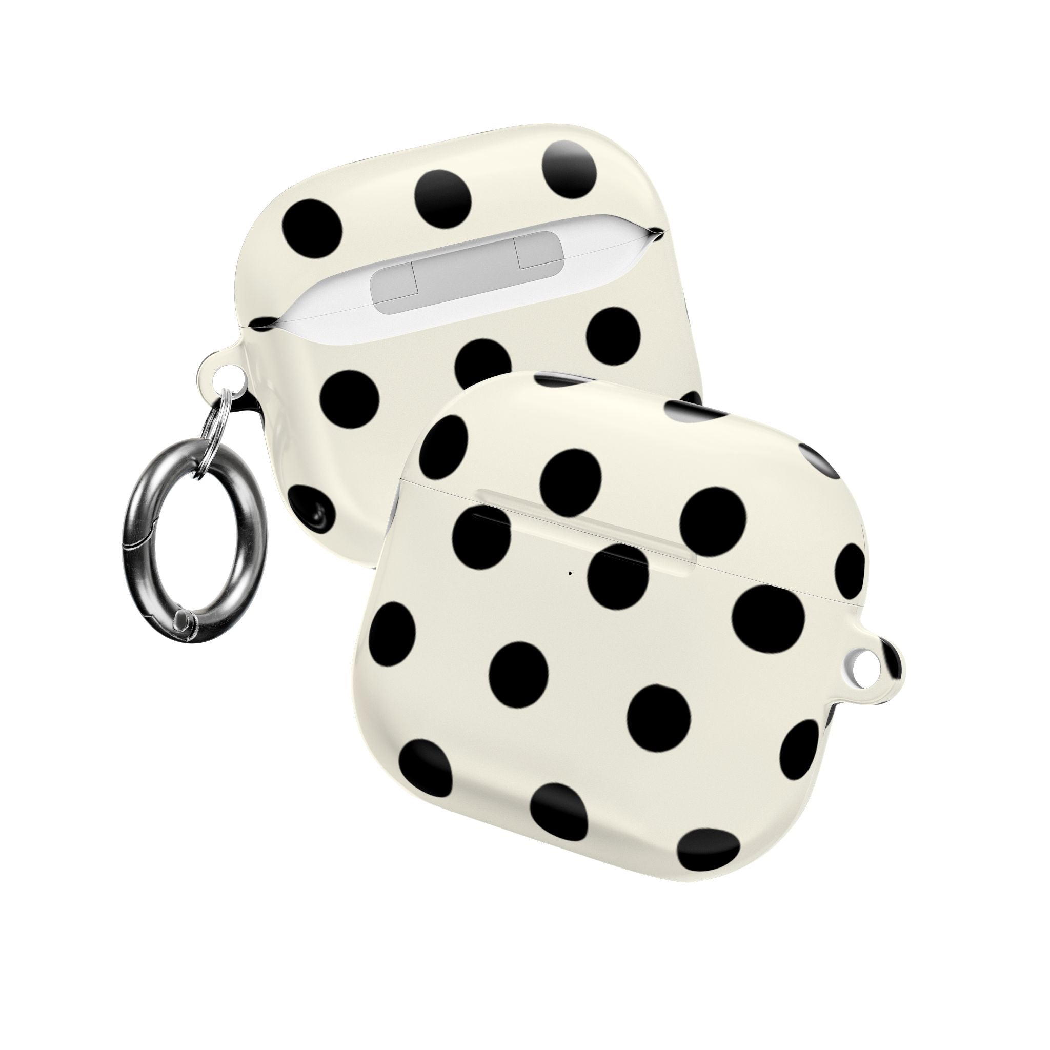 Beige AirPods case with black polka dots, keyring strap, open lid