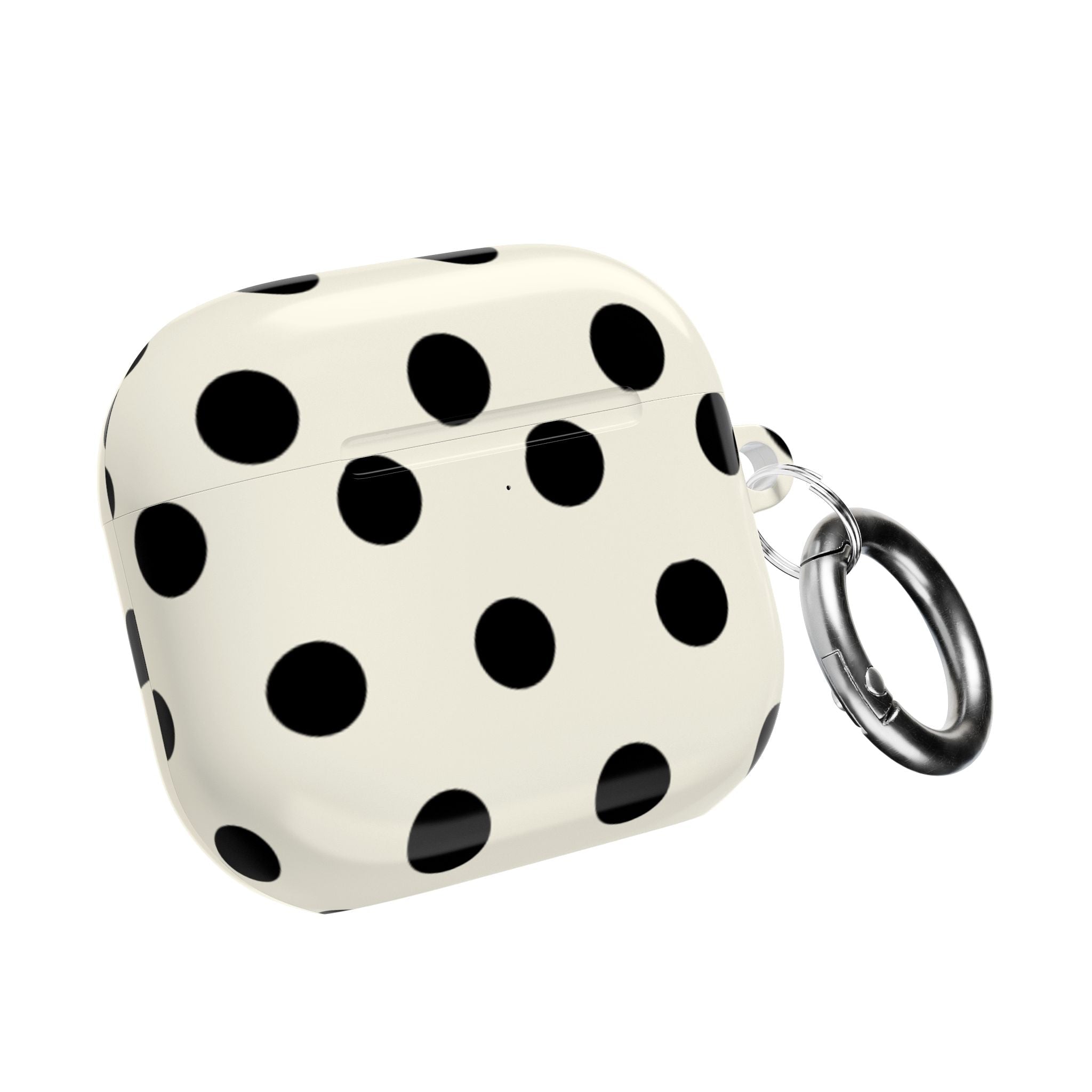 Beige AirPods case with black polka dots, closed with metal keyring