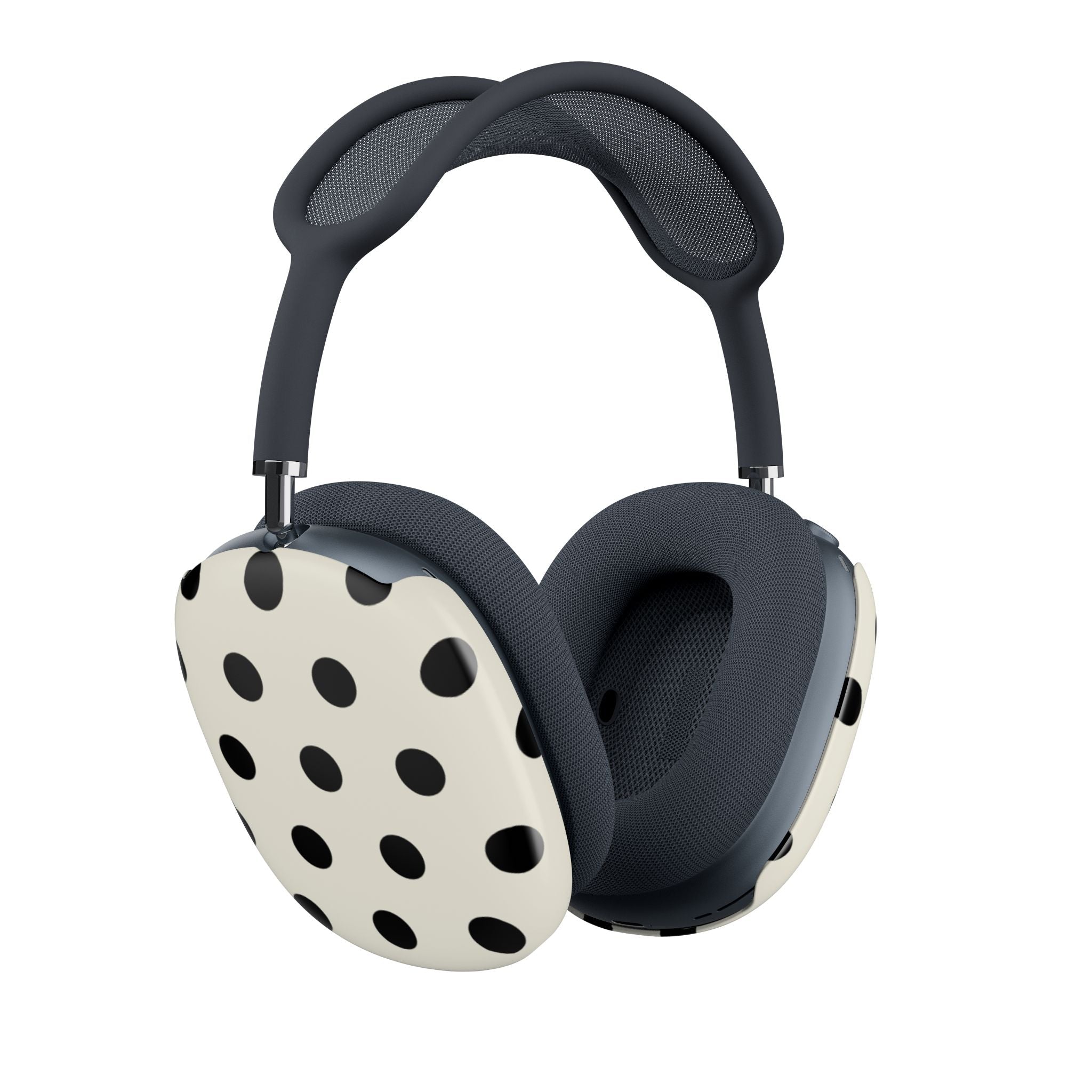 AirPods Max ear cup covers in beige with black polka dots over dark pads