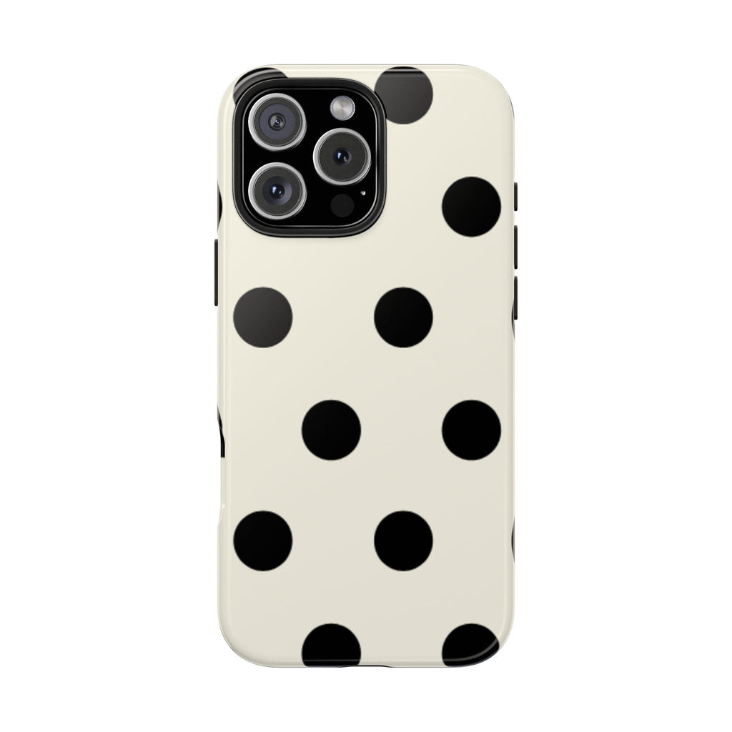 Beige polka dot phone case with camera module, raised edges around lenses