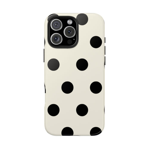 Beige polka dot phone case with camera module, raised edges around lenses