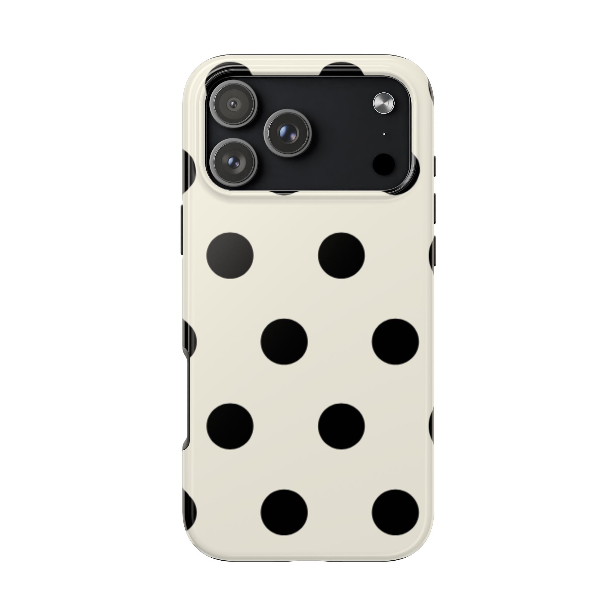 Beige phone case with black polka dots, back view with camera cutouts