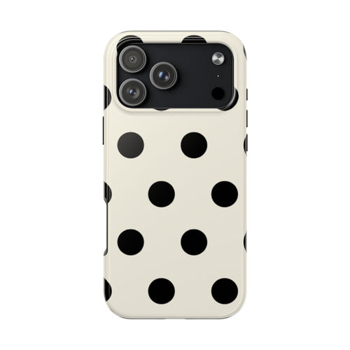 Beige phone case with black polka dots, back view with camera cutouts