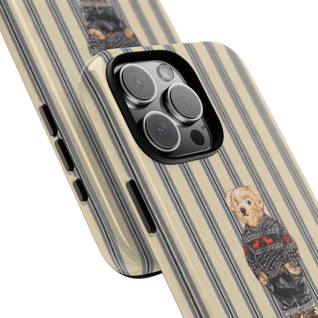 Beige and blue striped phone case with teddy bear guitar design on side