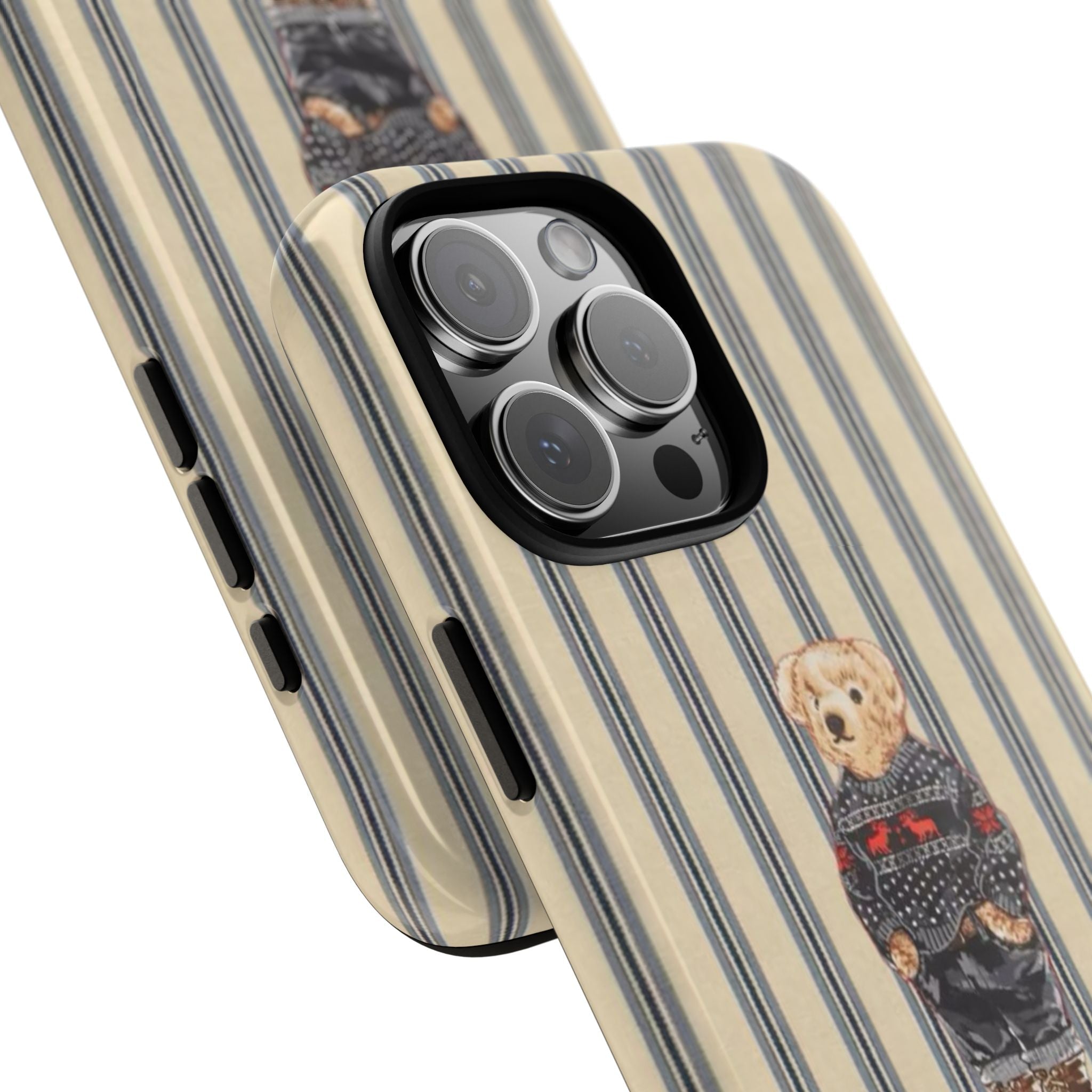 Beige and blue striped phone case with teddy bear guitar design on side