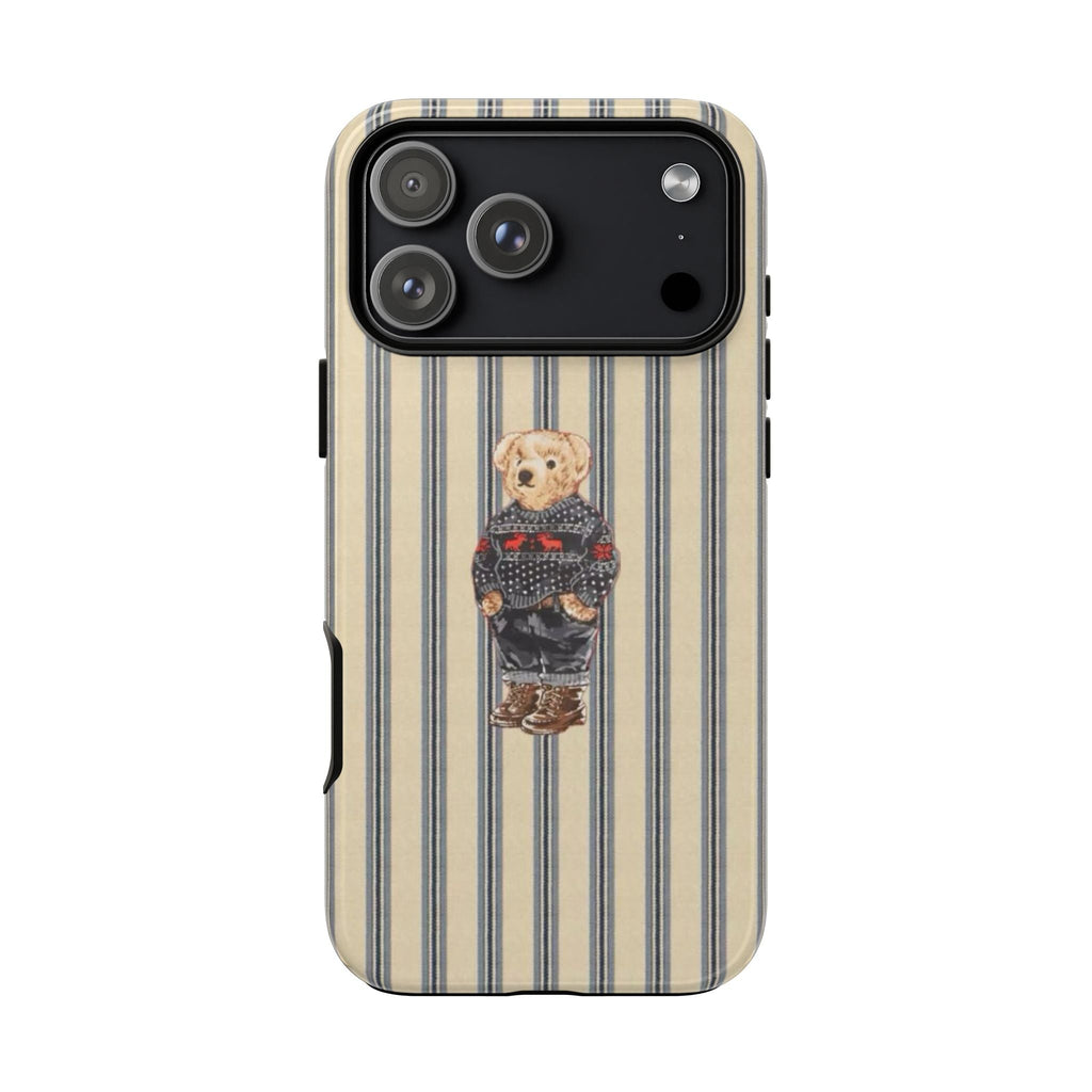 Beige and blue striped phone case with teddy bear sweater illustration on back