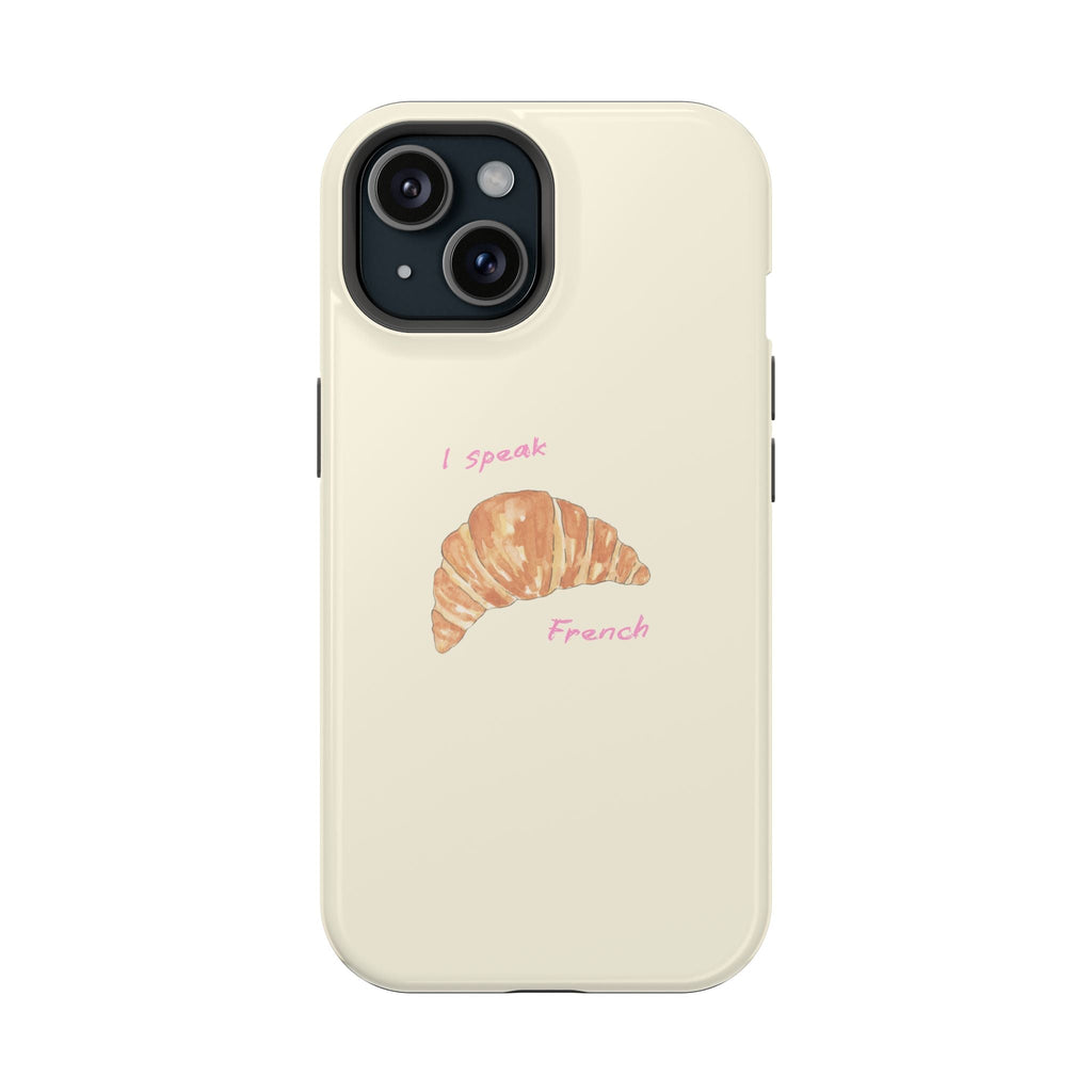 Beige phone case with croissant graphic and I speak French text