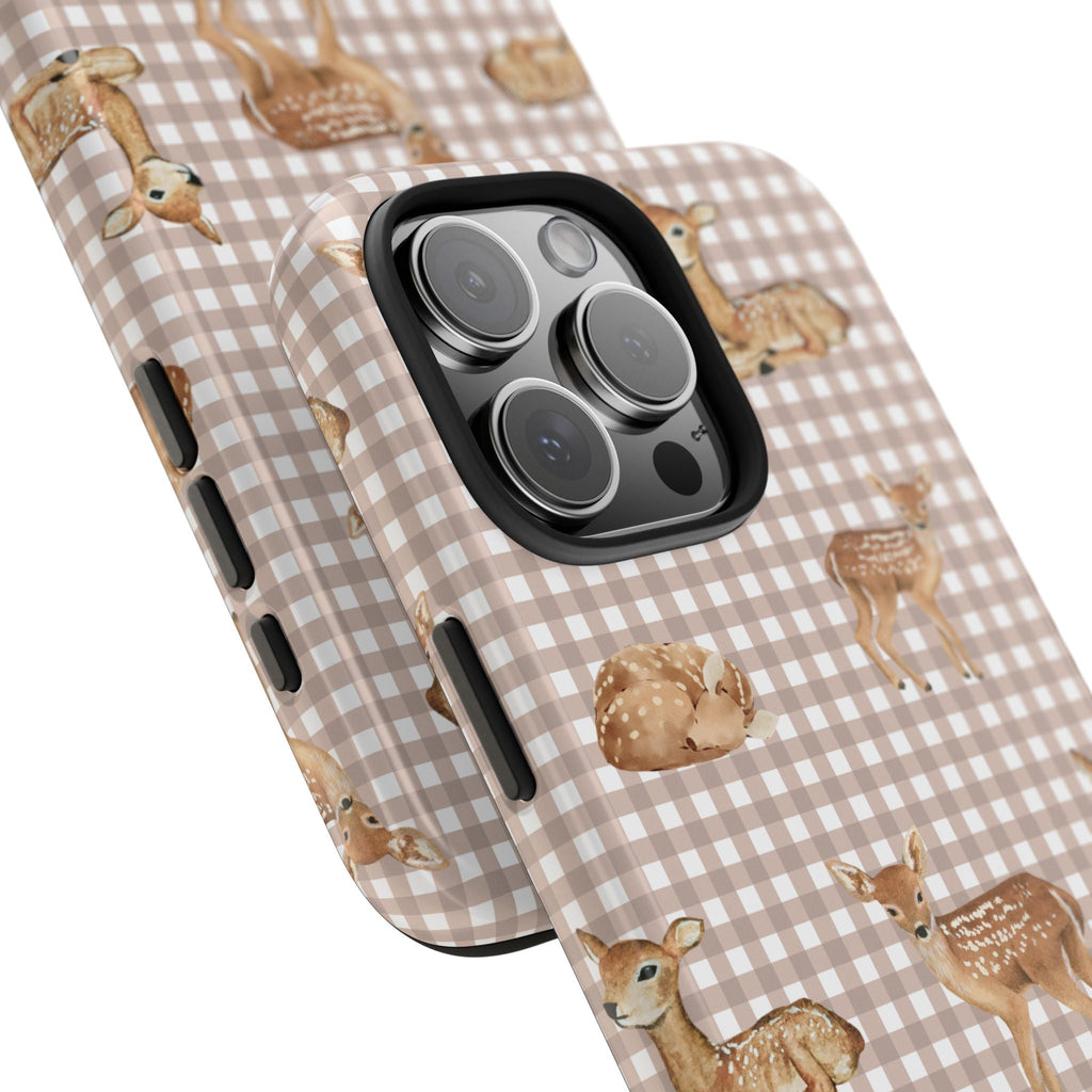 Beige gingham deer phone case with side button cutouts and raised camera lenses