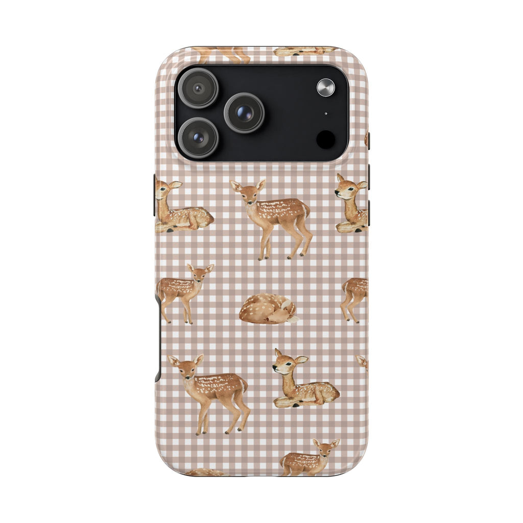 Beige gingham phone case with deer pattern and camera cutouts