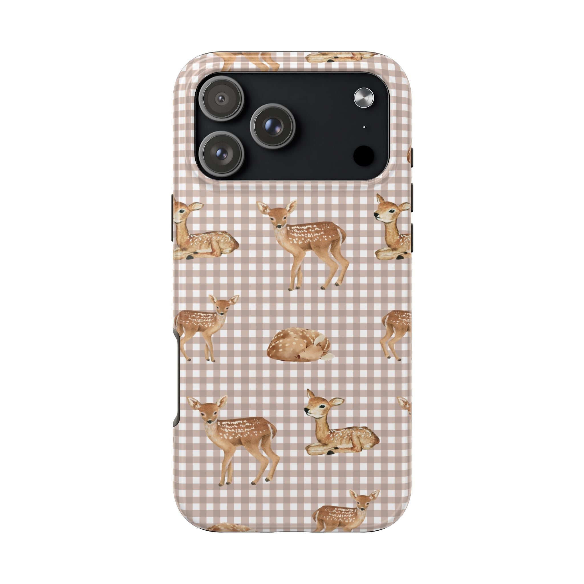 Beige gingham phone case with deer pattern and camera cutouts