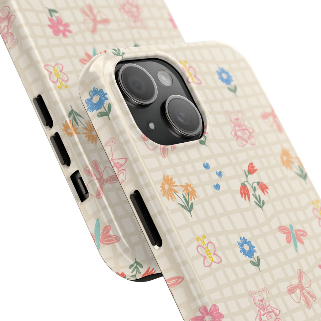 Beige gingham floral phone case, angled view showing side cutouts and camera