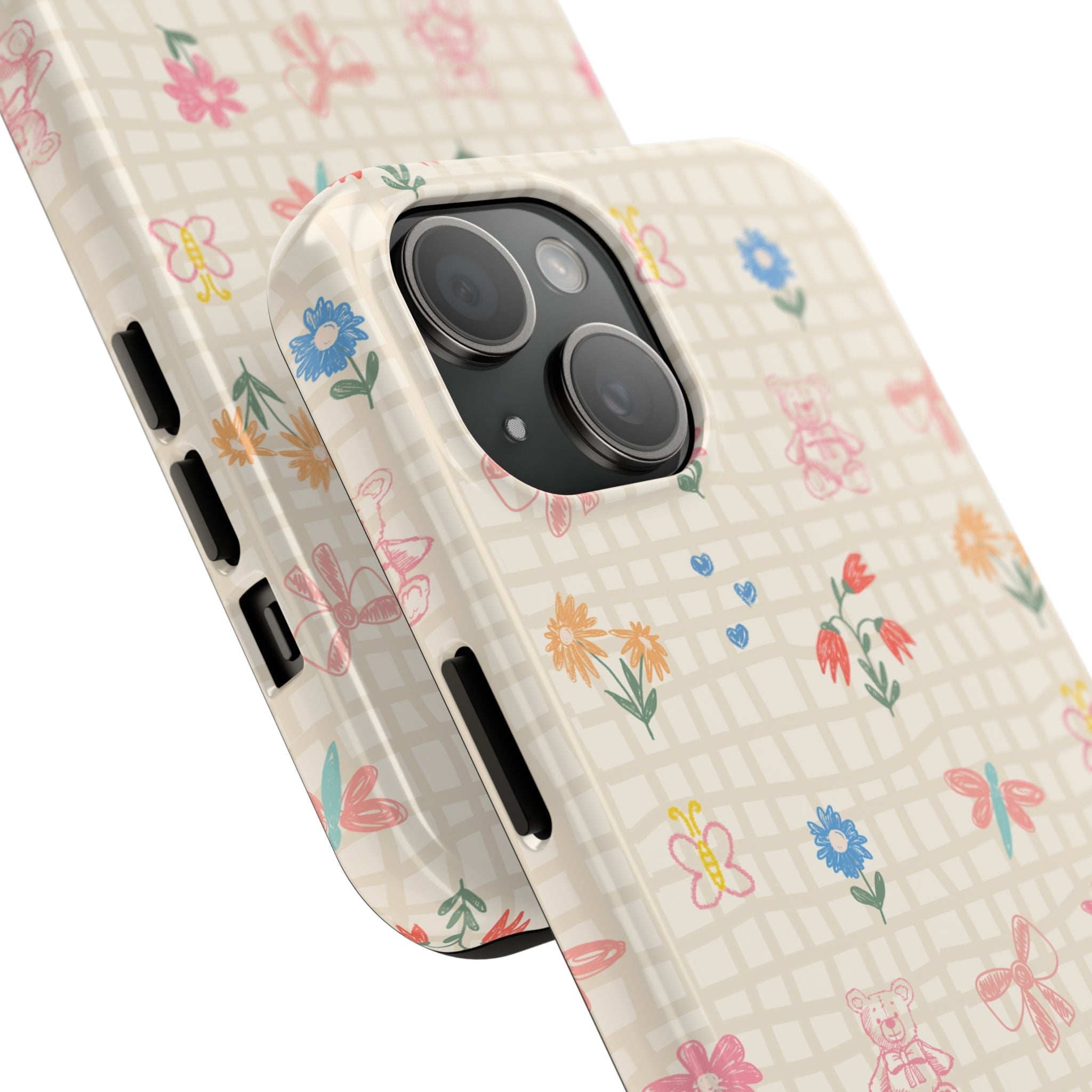 Beige gingham floral phone case, angled view showing side cutouts and camera