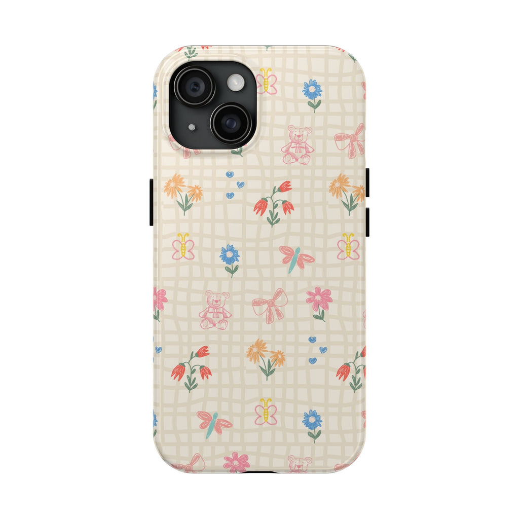 Beige gingham floral phone case with playful flowers and critter motifs