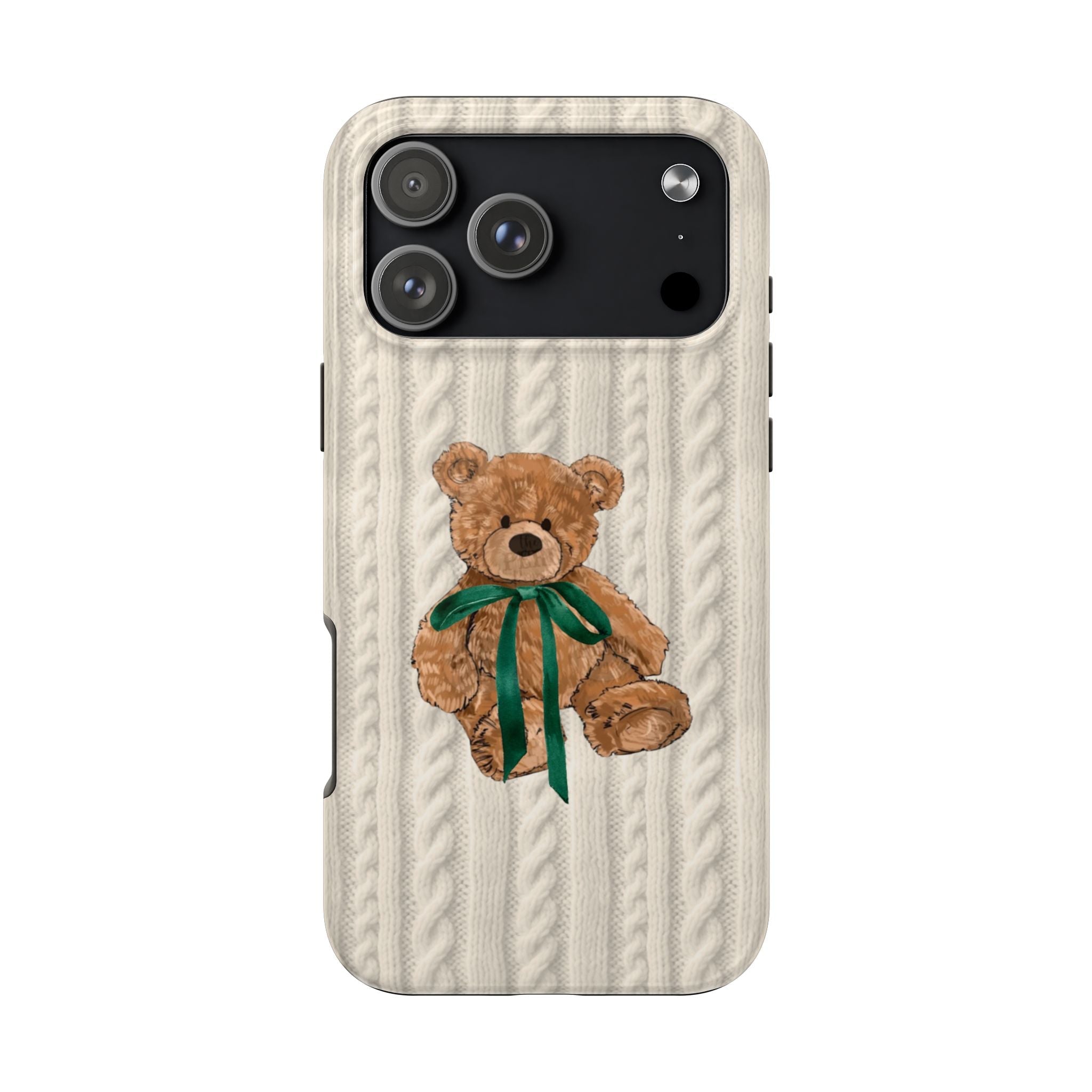 Beige knit phone case with teddy bear appliqué and green bow ribbon, camera cutout