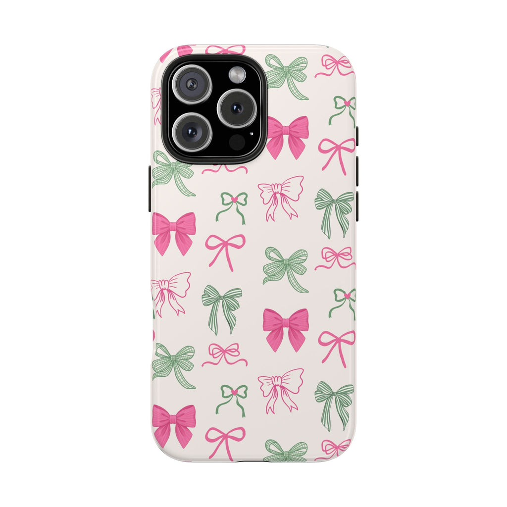 Light beige case with multicolor bow print and raised camera cover