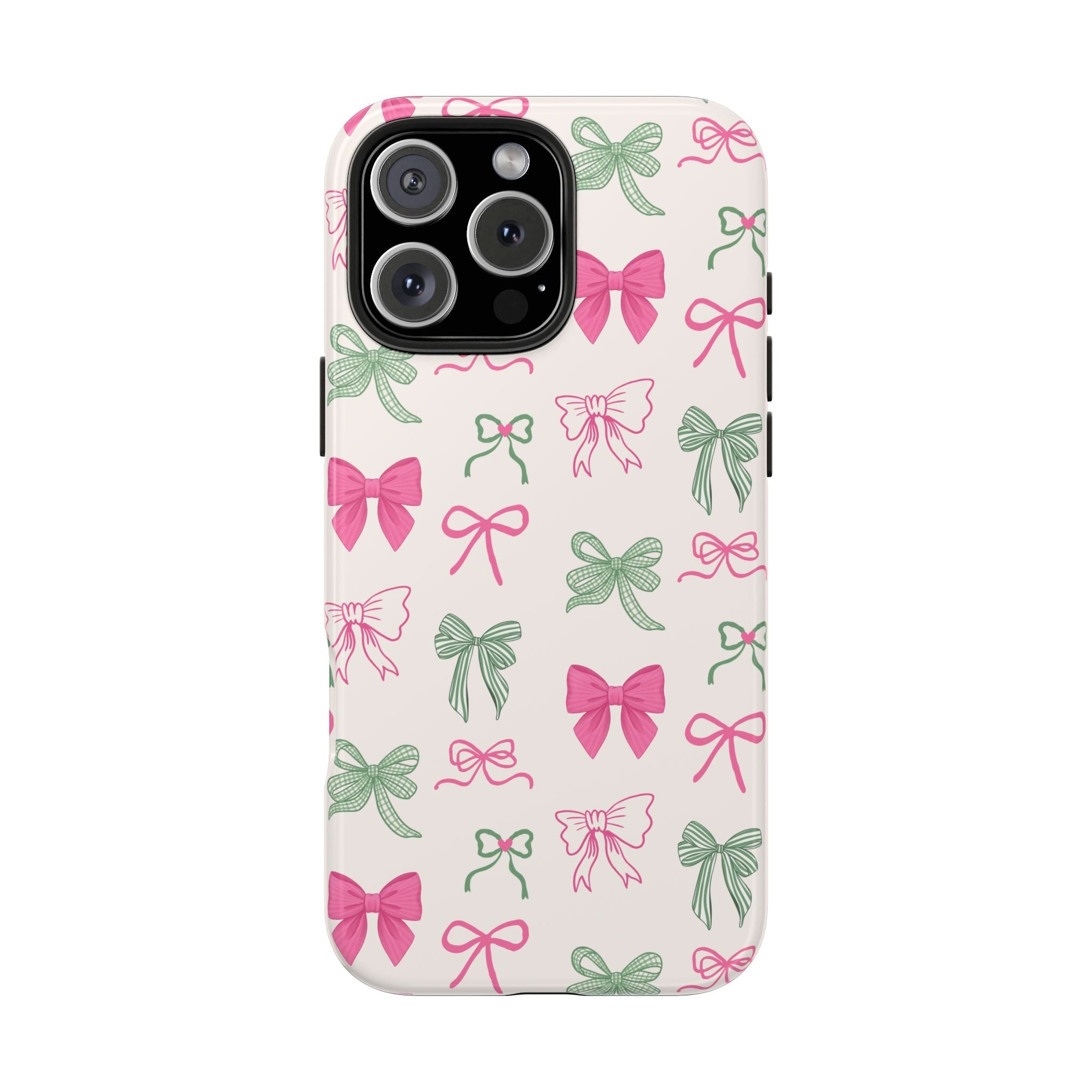 Light beige case with multicolor bow print and raised camera cover