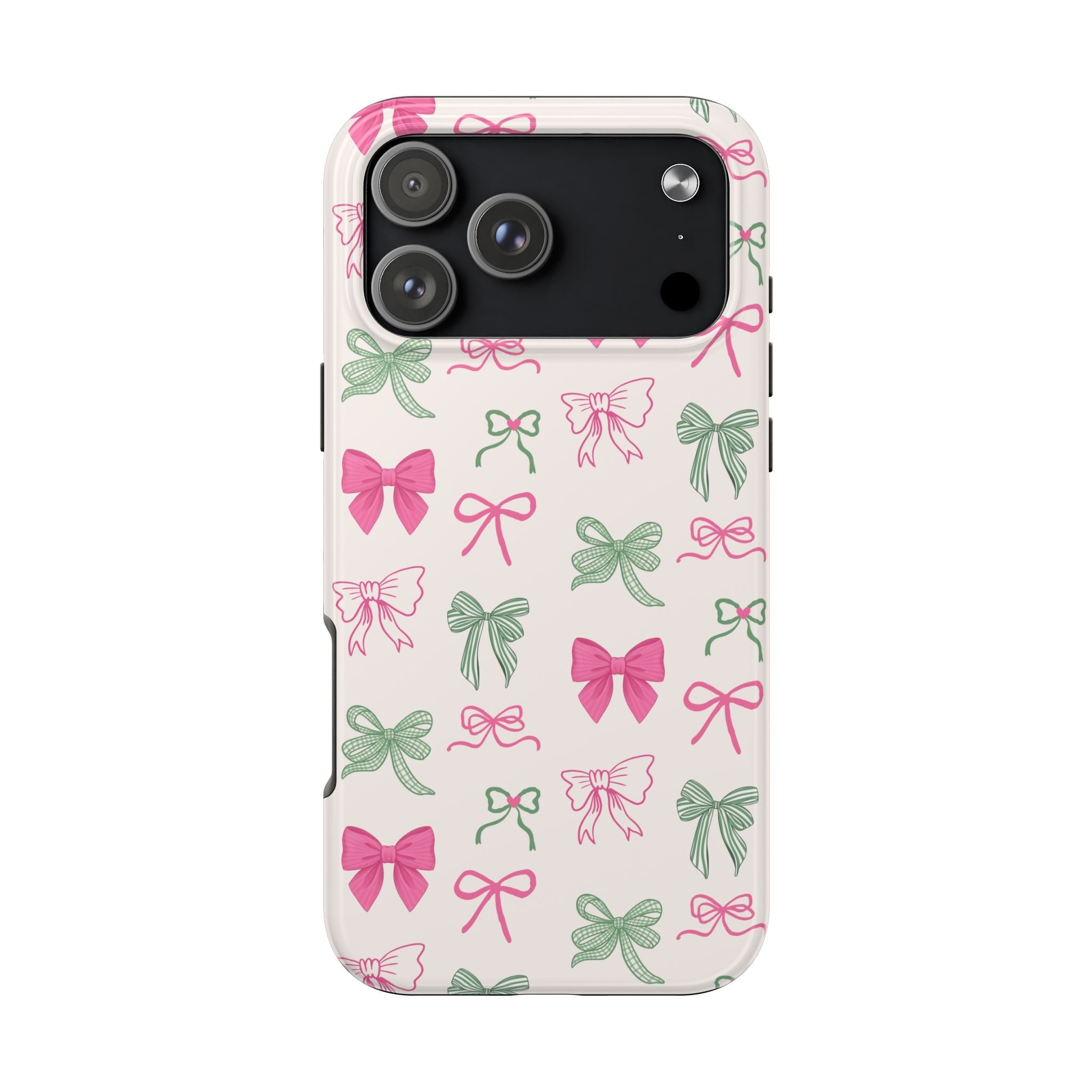 Light beige phone case with pink and green bow pattern and camera cutouts