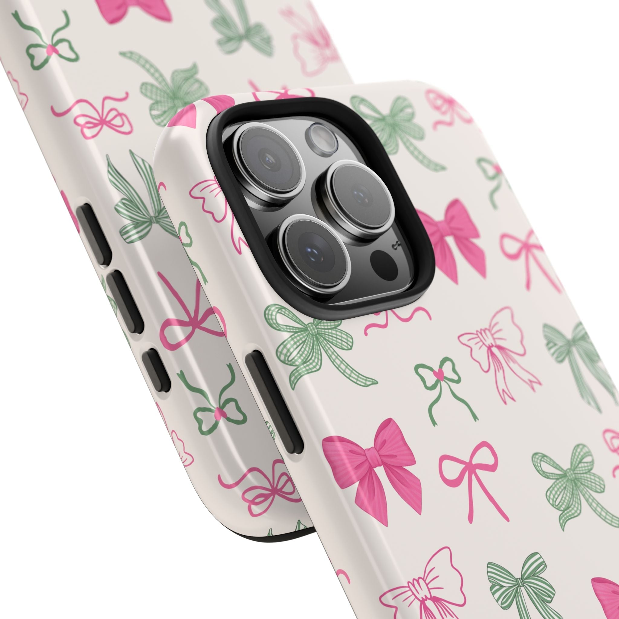 Beige phone case corner view with bow pattern, lens cutout, and side button cutouts