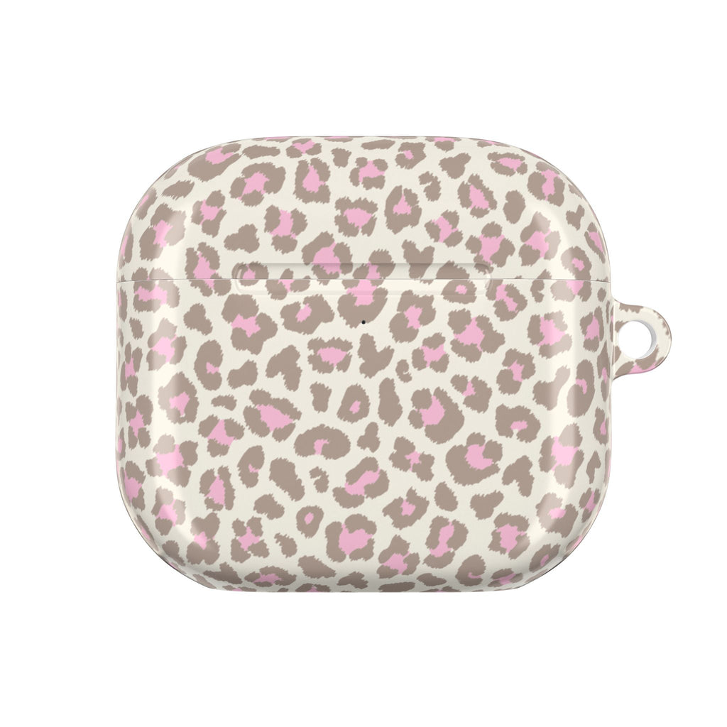Beige AirPods case with pink leopard dots; side profile with small loop