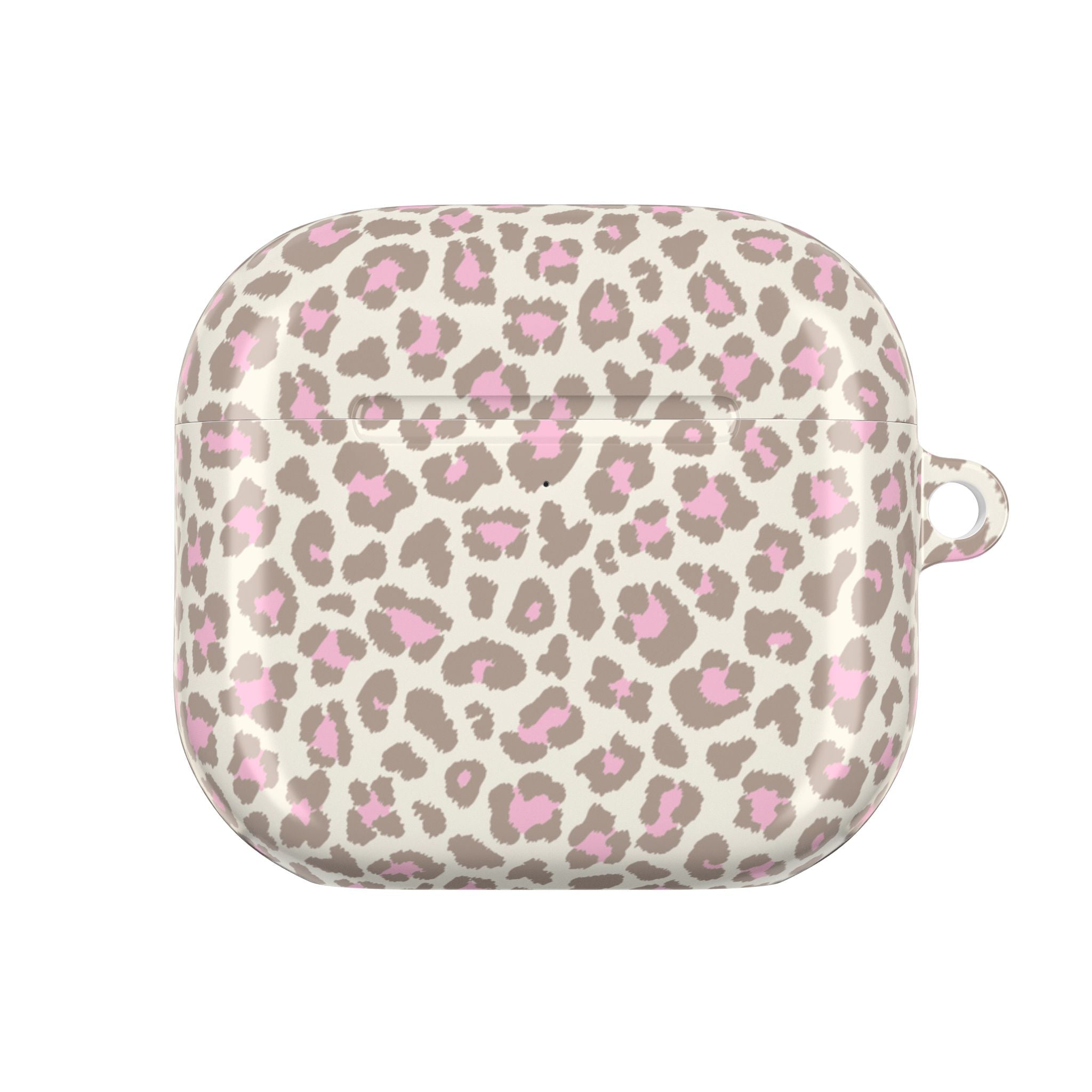 Beige AirPods case with pink leopard dots; side profile with small loop